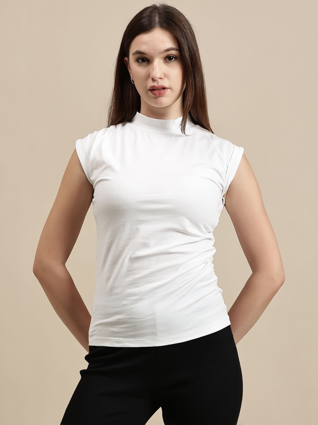 Ecolore Women High Neck Cap Sleeves Cotton Fitted Top