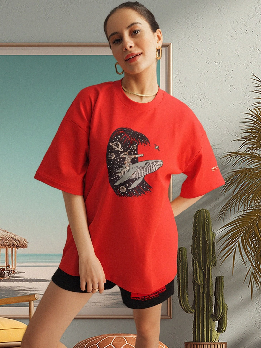 Crazy Mosquitoes Graphic Printed Drop Shoulder Sleeves Oversized Cotton T-shirt