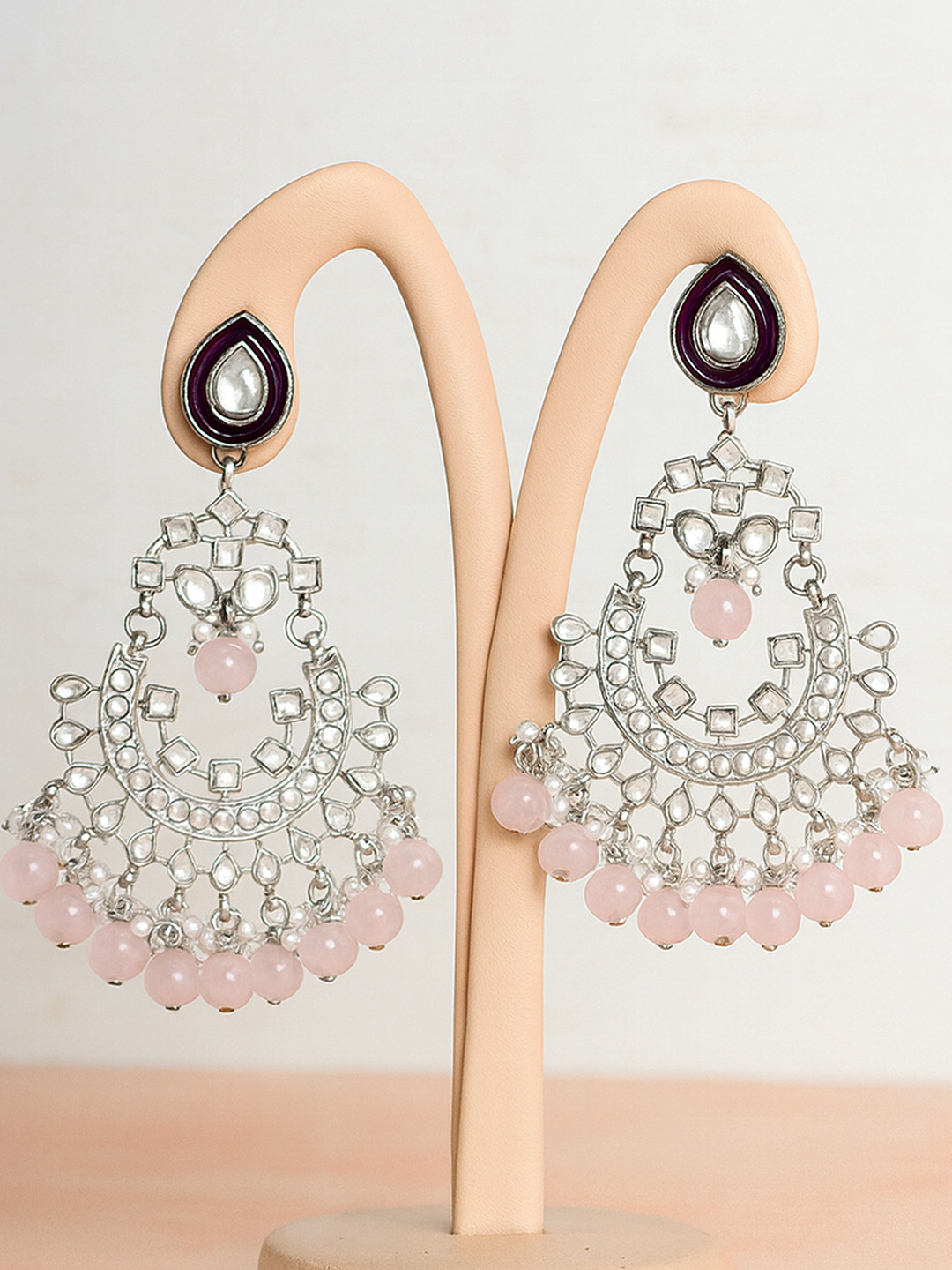 KARATCART Women White And Purple Oxidized Silver Beads And Kundan Chandbali Earring