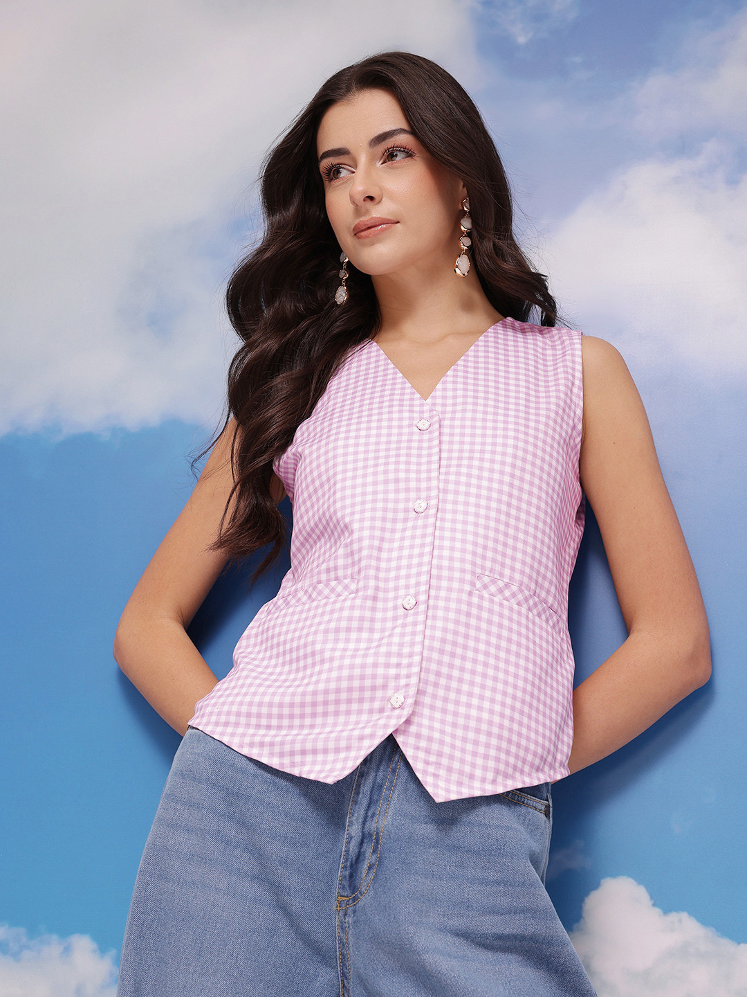CORSICA Checked V-Neck Vest Top With Button Closure