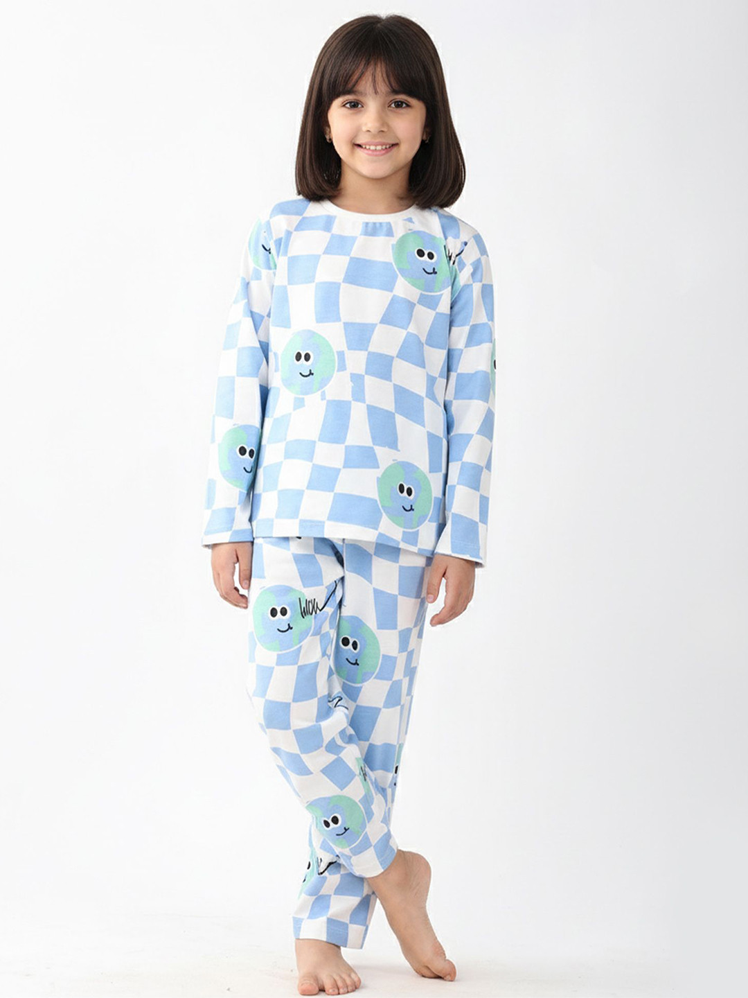 Anthrilo Girls Globe Check Long Sleeves Pure Cotton Pyjama Set