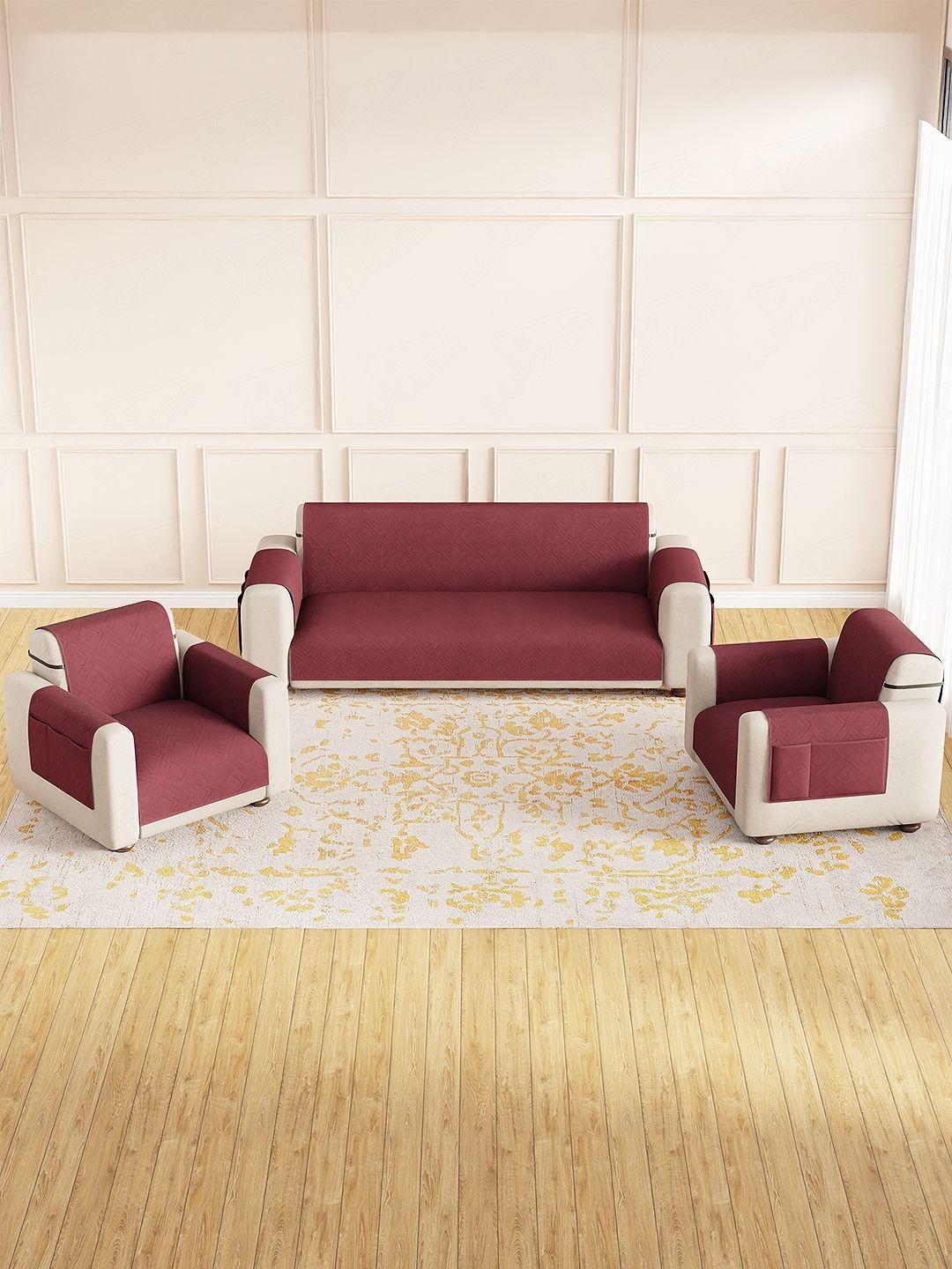Lukzer Maroon Reversible 3 Pieces Straight 5 Seater Sofa Cover With Arms