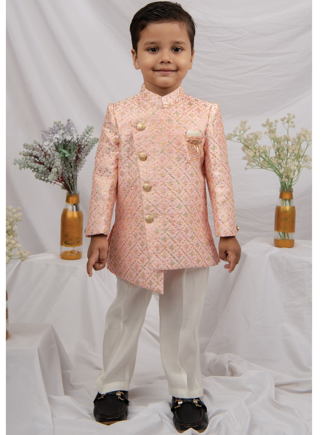 LITTLE COLLARS Boys Embellished Sequins Sherwani With Pyjama & Brooch