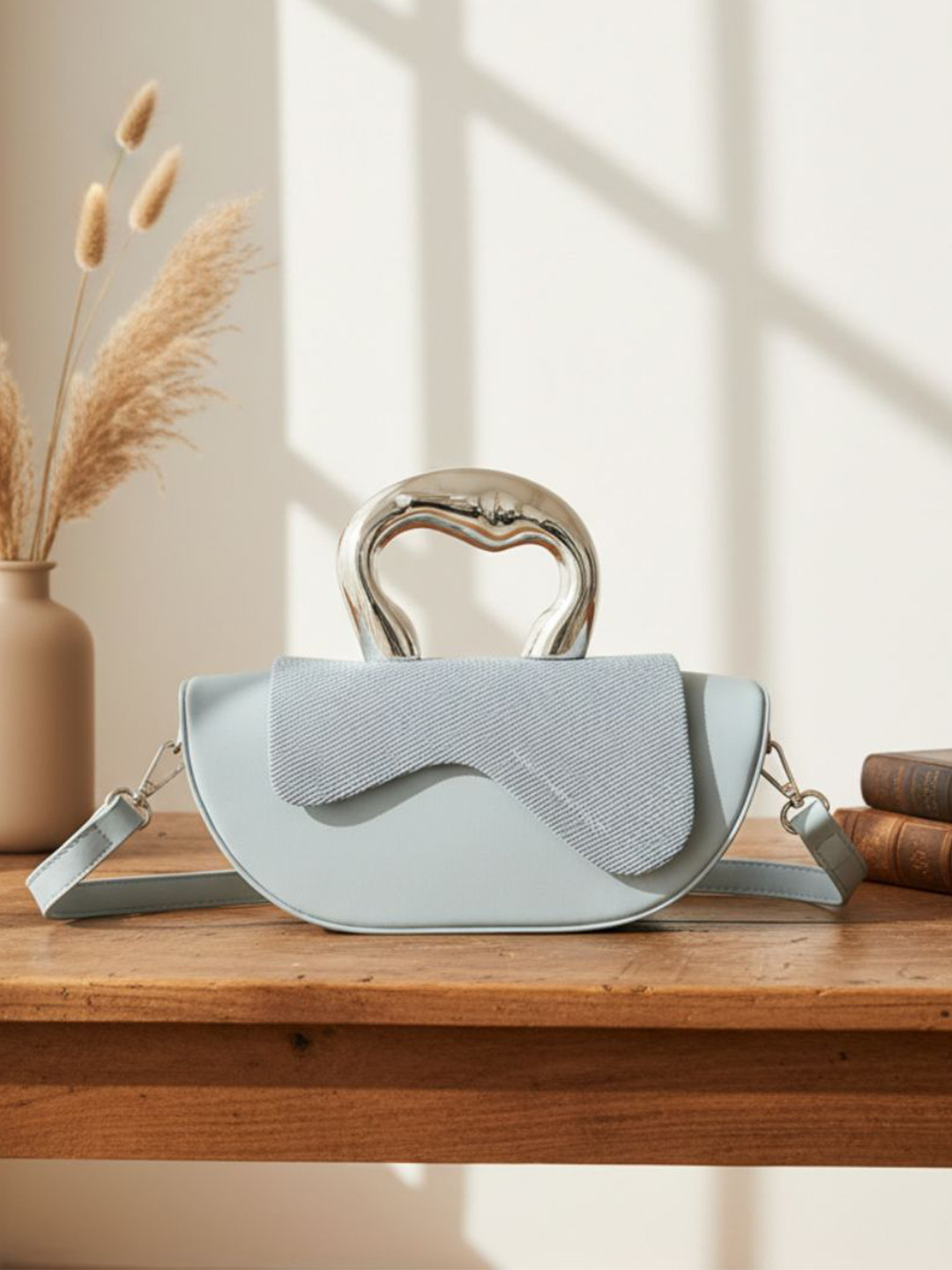 Flingo Women Metallic Handle and Wave Flap Handheld Bag