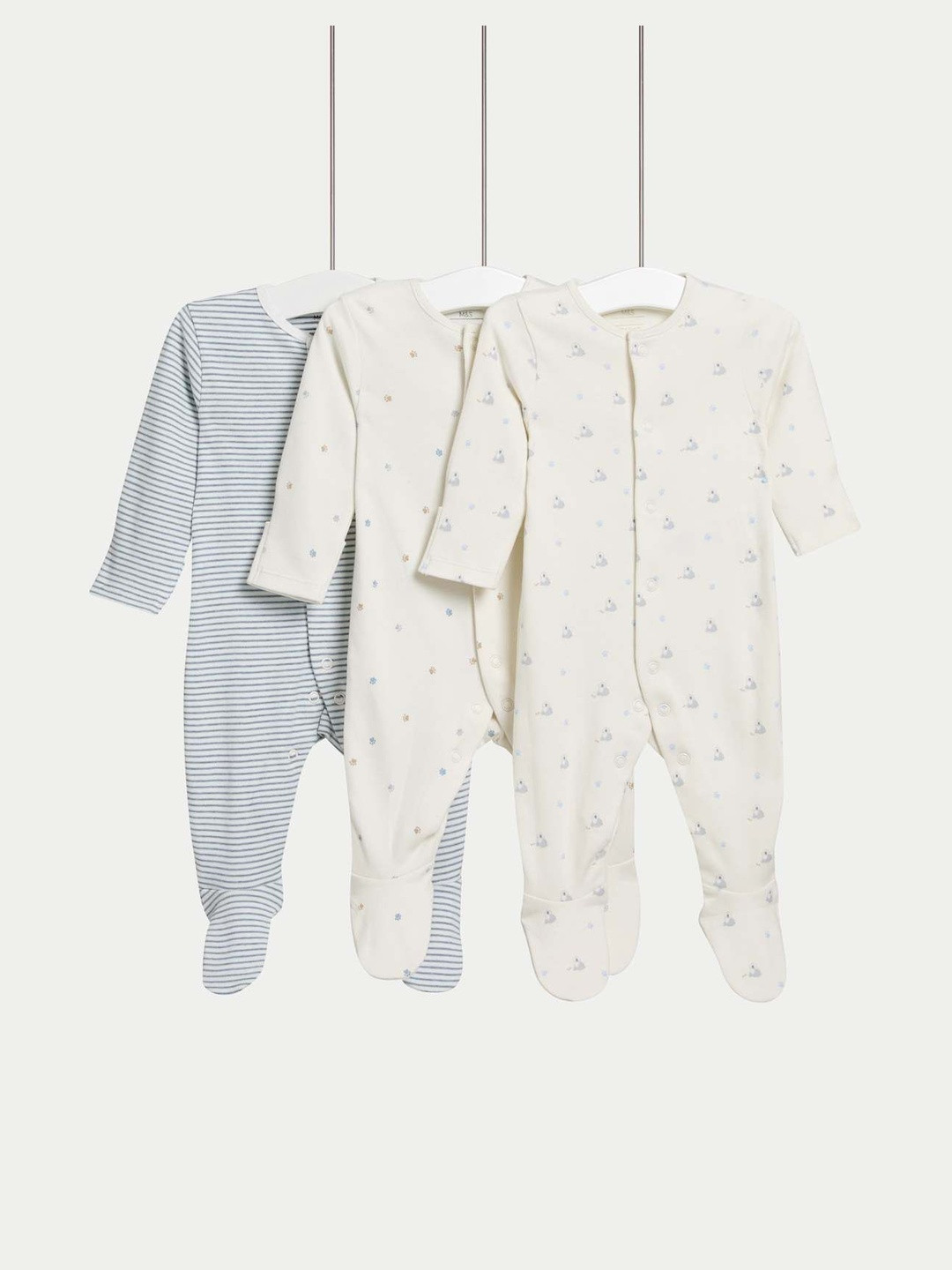 Marks & Spencer Infant Boys Pack Of 3 Printed Dog Popper Footed Cotton Sleepsuits
