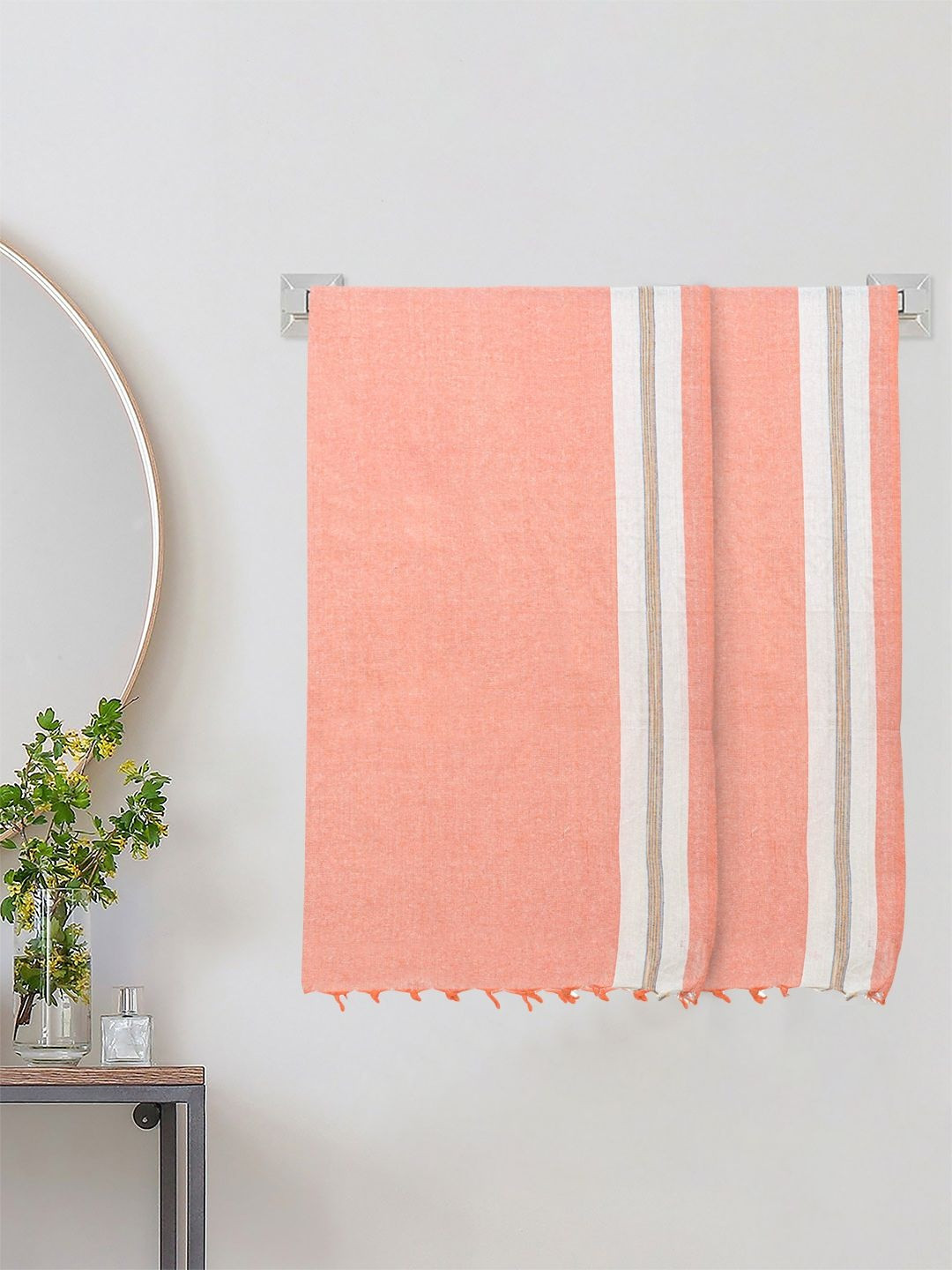 KLOTTHE Orange & White Striped Cotton 233 GSM 2 Pieces Bath Towels