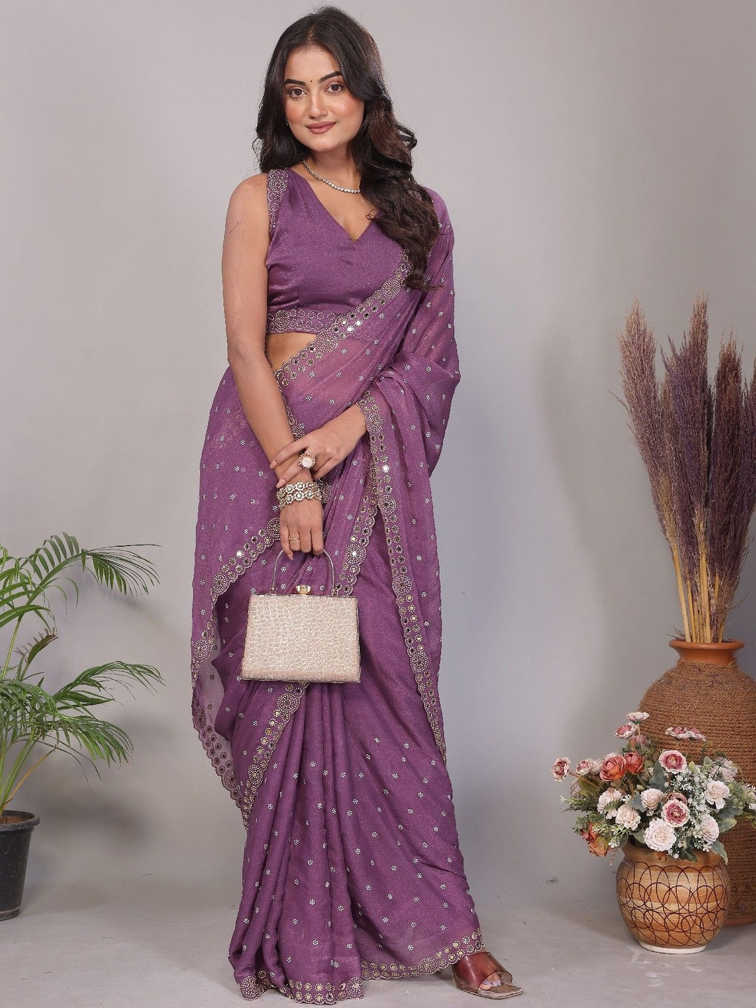 LDF studio Embellished Mirror Work Satin Heavy Work Saree