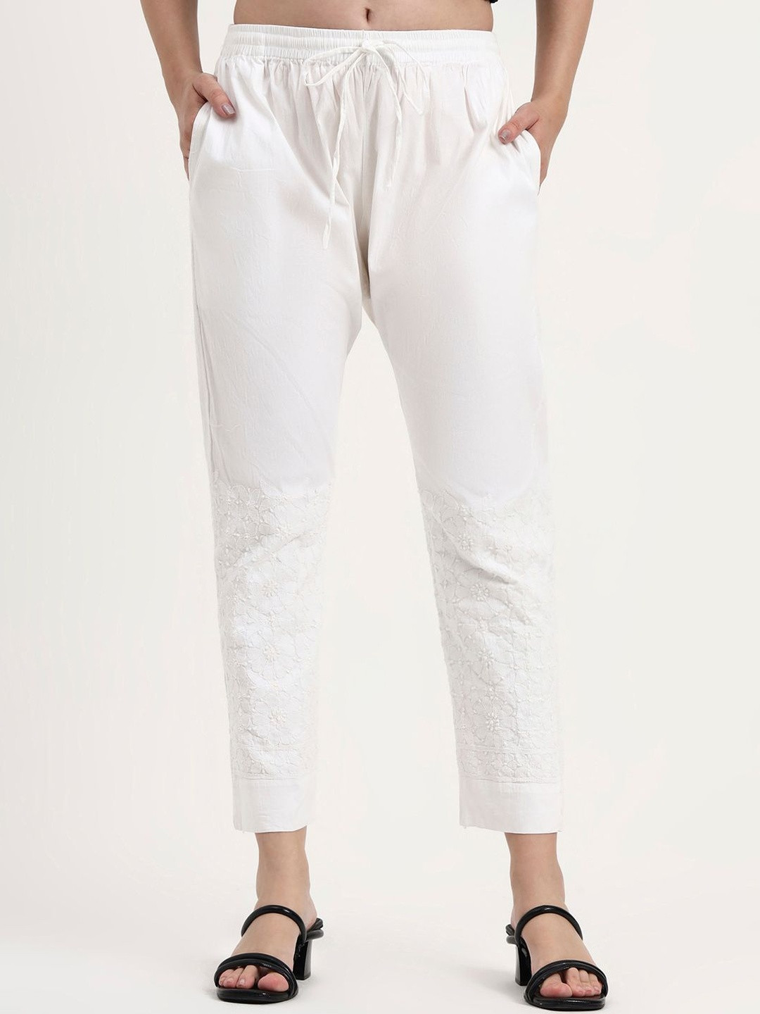 The Chikan Label Women White Cotton Straight Chikankari Pant