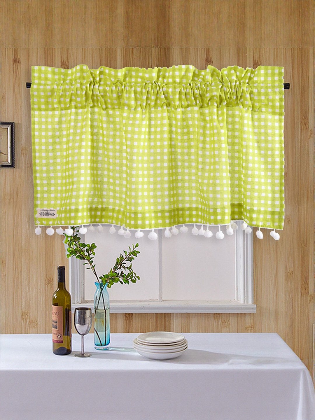 HANDICRAFT PALACE Green Checked Cotton Lightweight  Window Rod Pocket Curtain