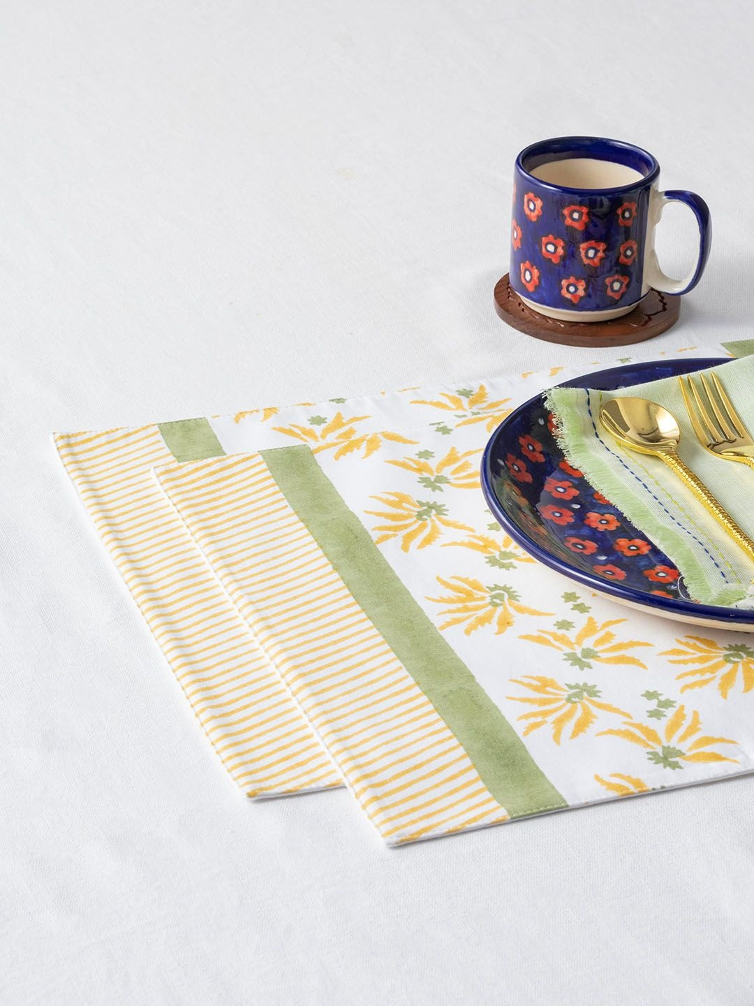 Eyaas 2 Pieces White & Yellow Block Printed Rectangle Pure Cotton Table Placemats