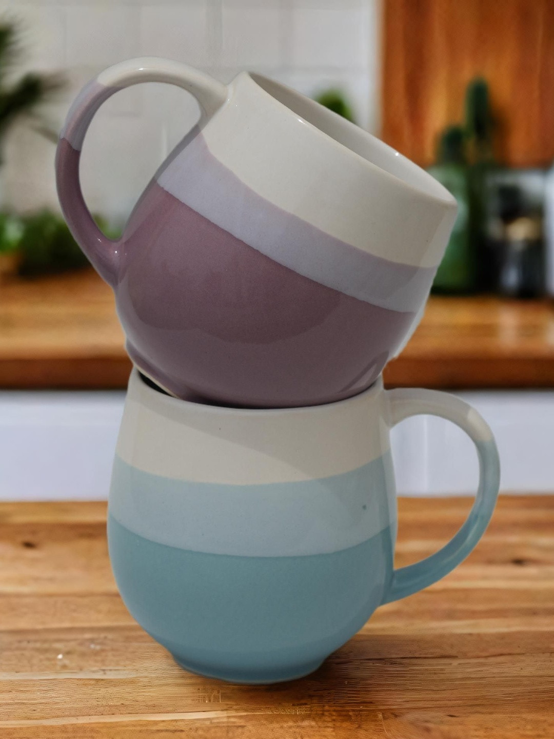 U & U Unique Utilities Purple & Sea Green Large Ceramic Glossy Coffee Mugs- 450 ml each
