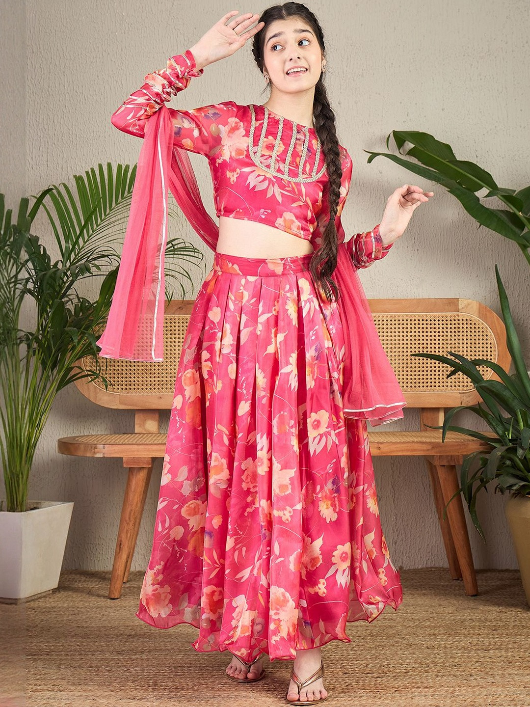 Cherry & Jerry Girls Printed Beads And Stones Ready To Wear Lehenga Blouse With Dupatta