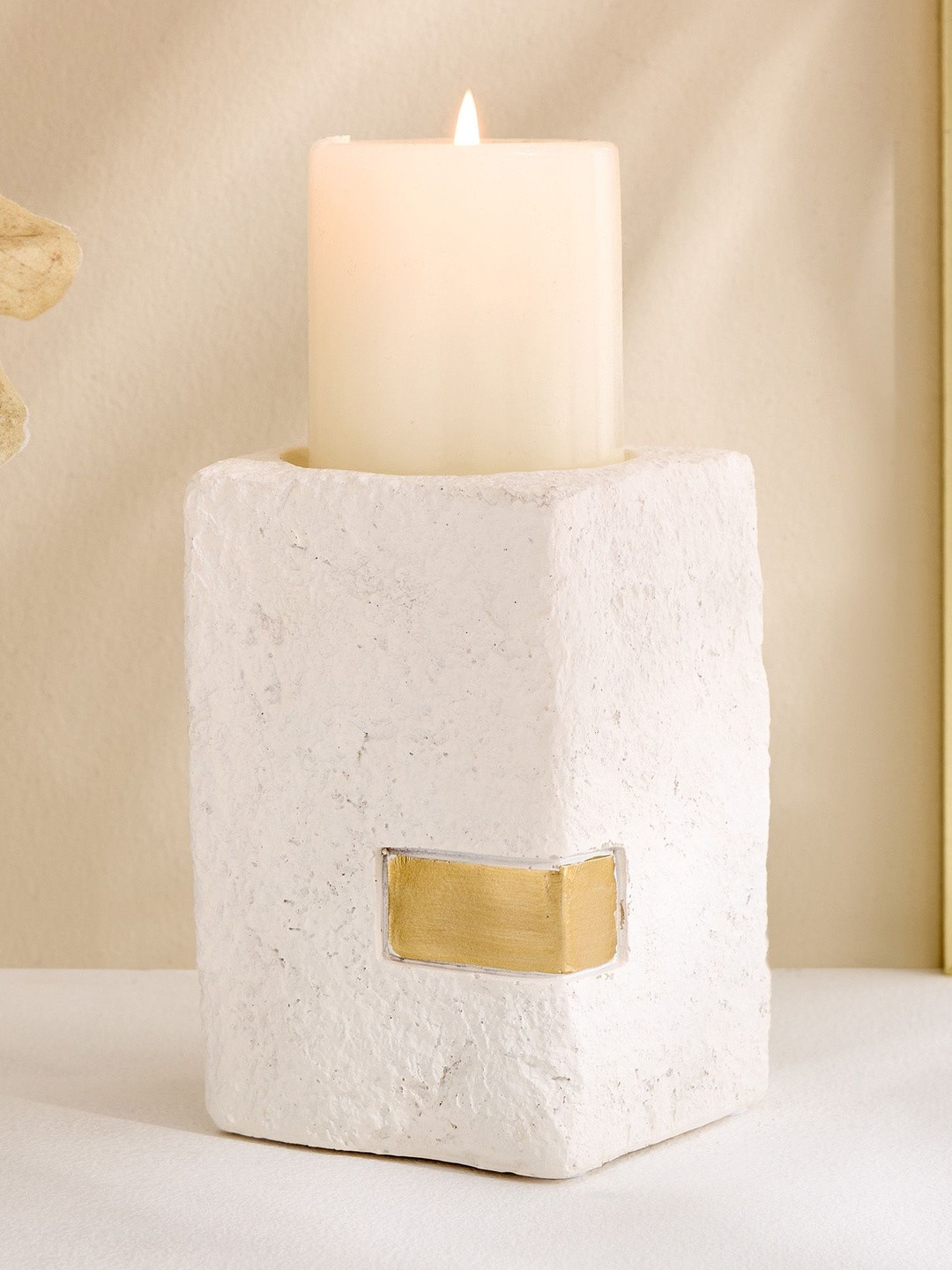 Home Centre Off White & Gold-Toned Evoke Polyresin Cube Candle Holder