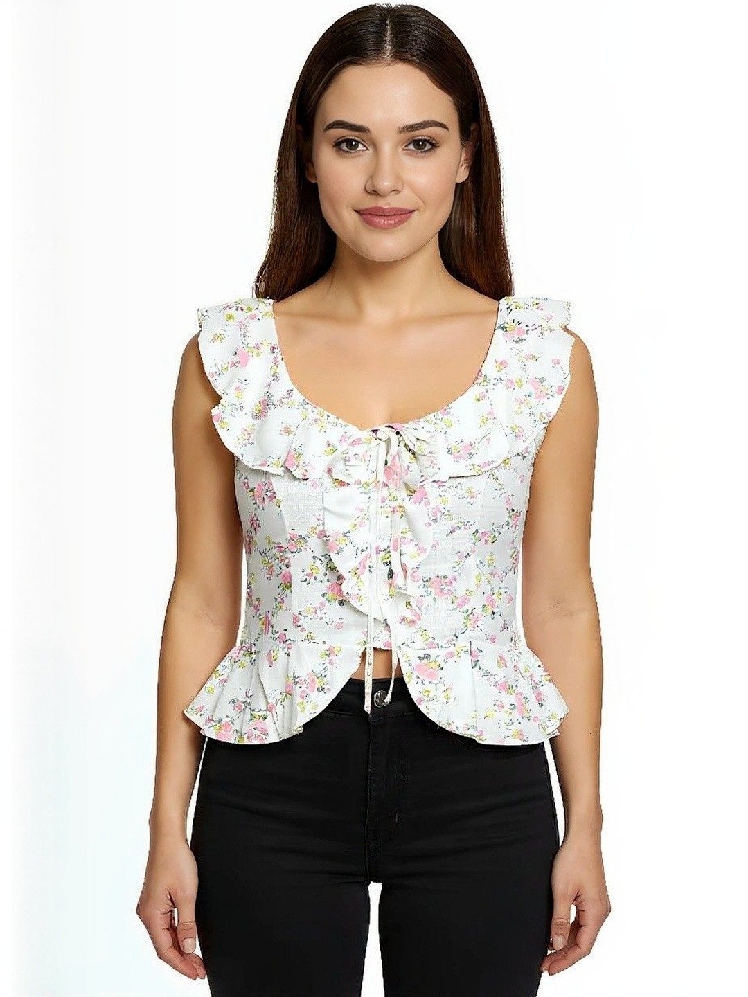 DressBerry Women Ditsy Printed Ruffled Neck Detail Tie Top