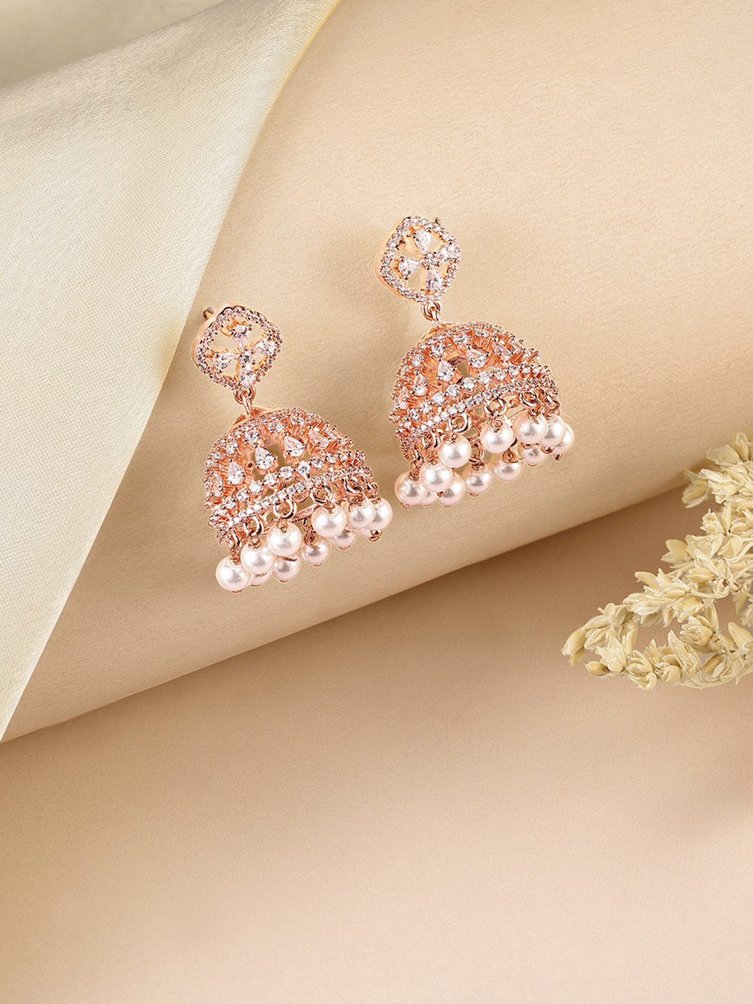 Peora Rose Gold-Plated Cubic Zirconia Dome Shaped Jhumka Earrings