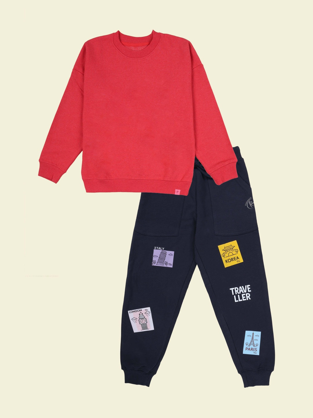 KiddoPanti Girls Round Neck Sweatshirt & Travel-Themed Printed Track Pant Set