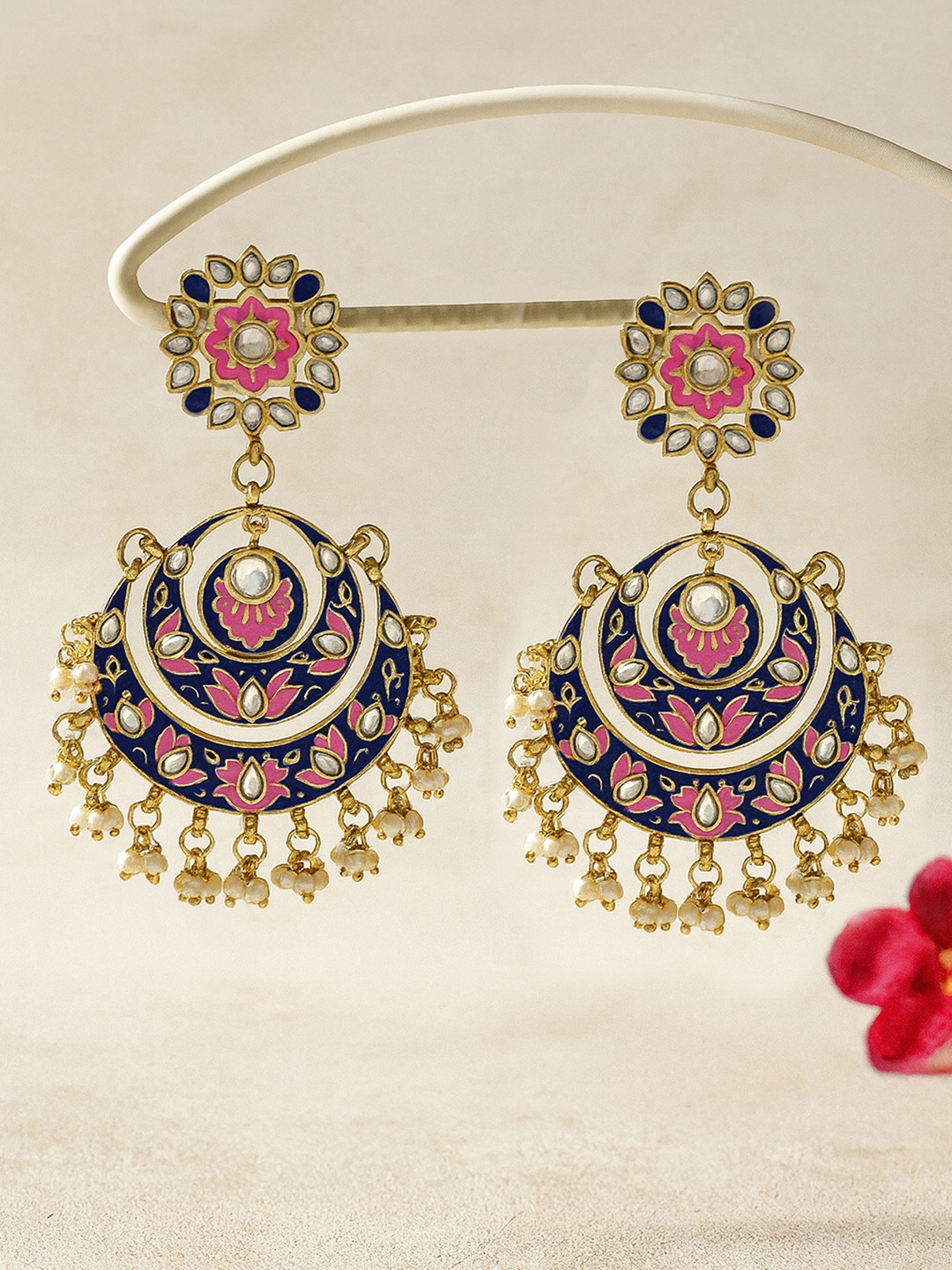 KARATCART Pink Gold-Plated Floral Meena Kundan Chandbalis Earrings