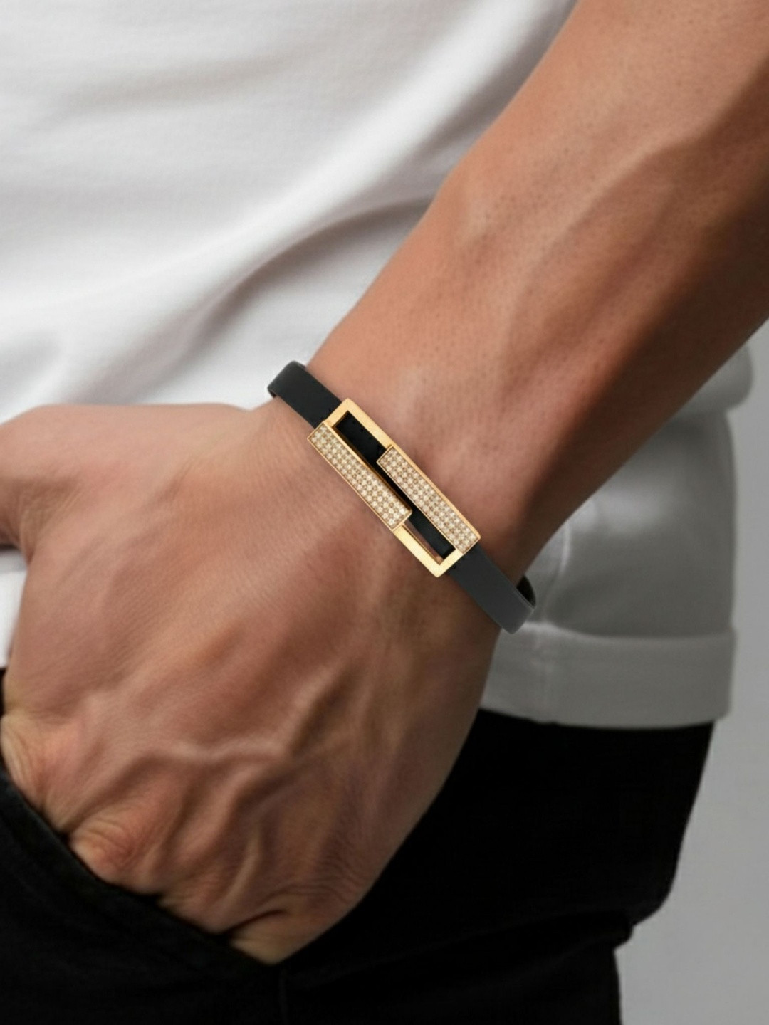 Jewelry Miguel Men Stainless Steel Rose Gold-Plated American Diamond Studded Bracelet