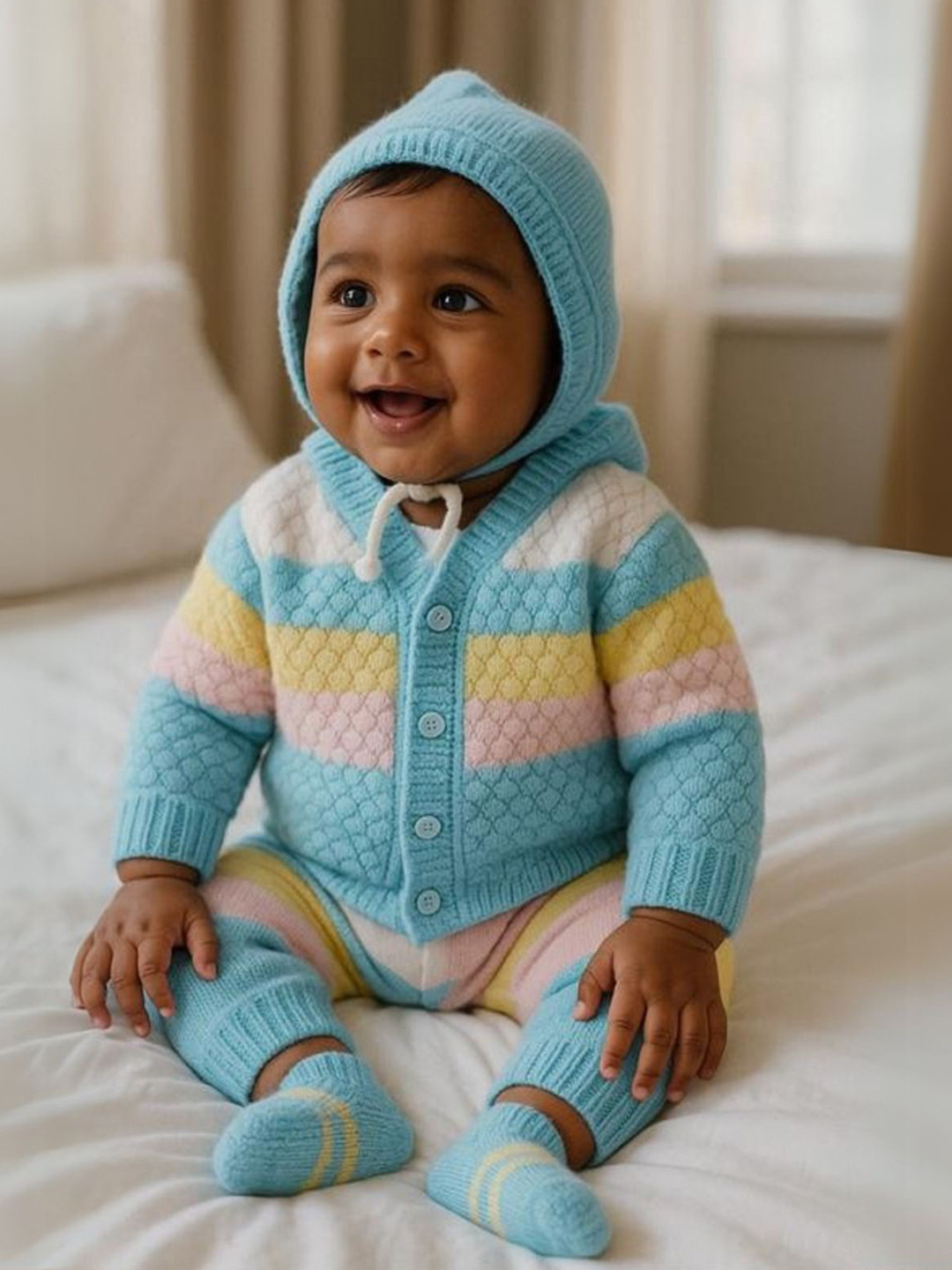 Little Angels Baby Boys Striped V-Neck Woollen Cardigan Sweaters with Pant,Cap & Socks Set