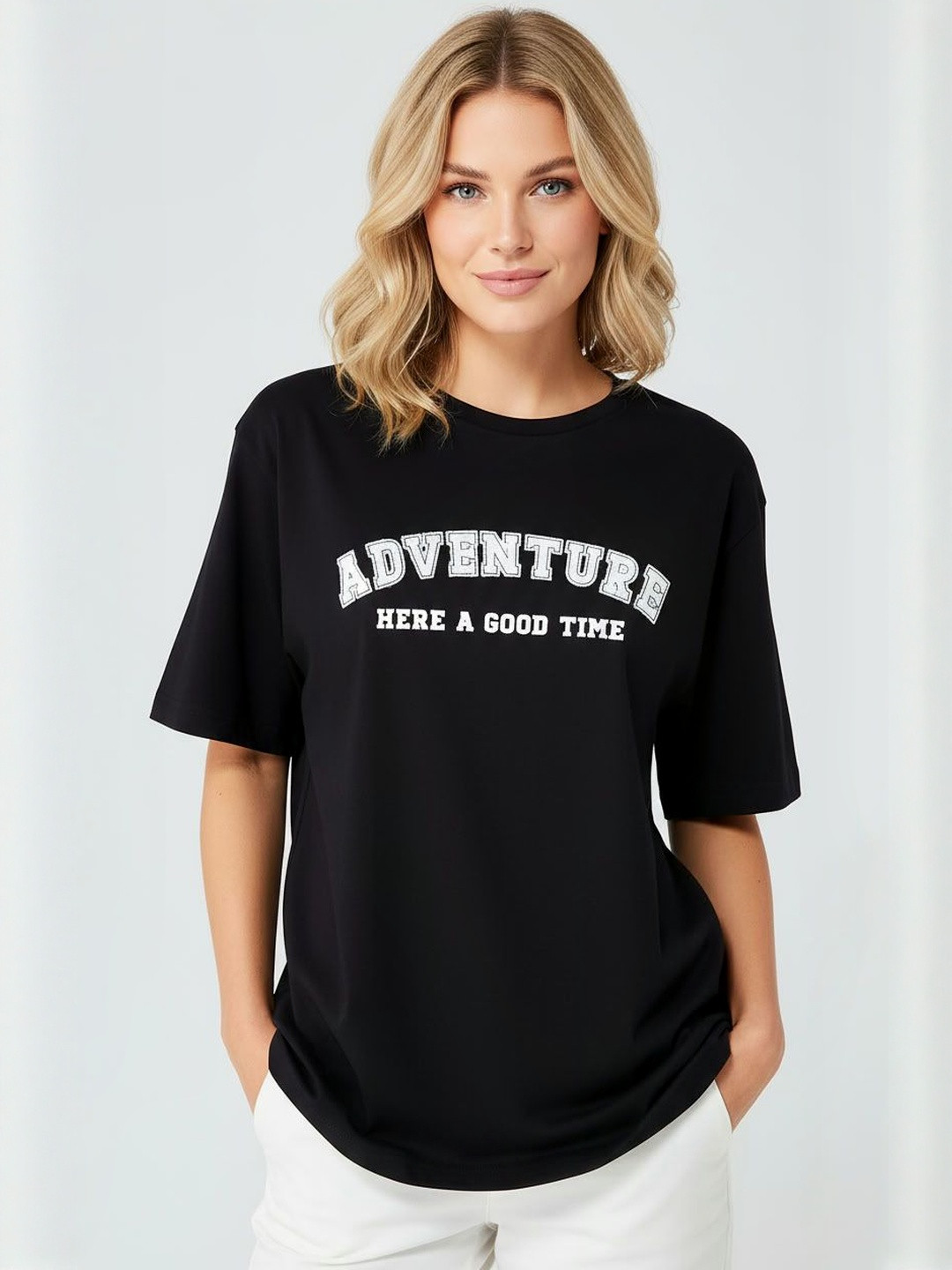 Calm Down Typography Printed Short Sleeves Oversized Cotton T-shirt