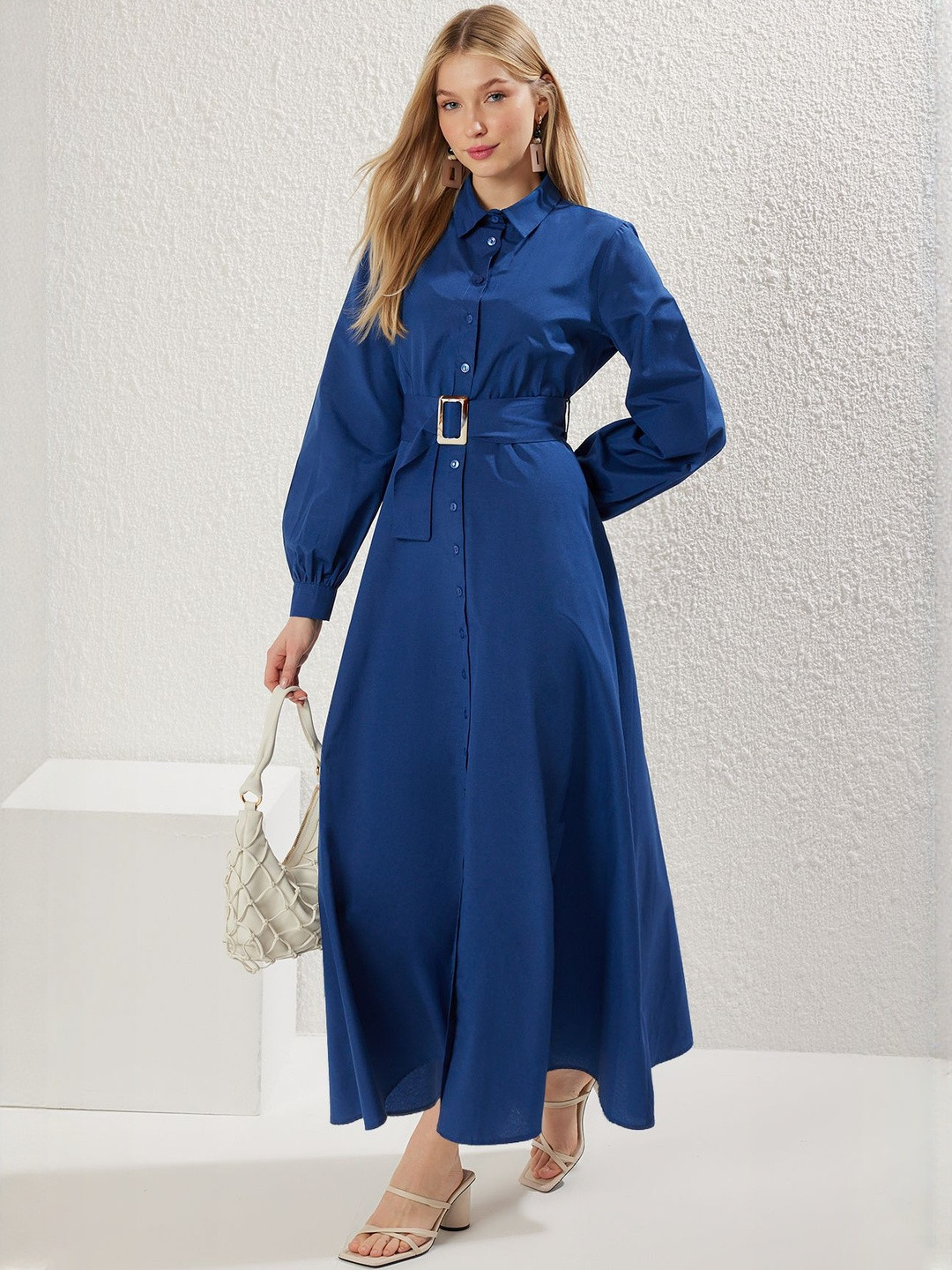 Trendyol Women Cuffed Sleeves Shirt Maxi Dress With Belted