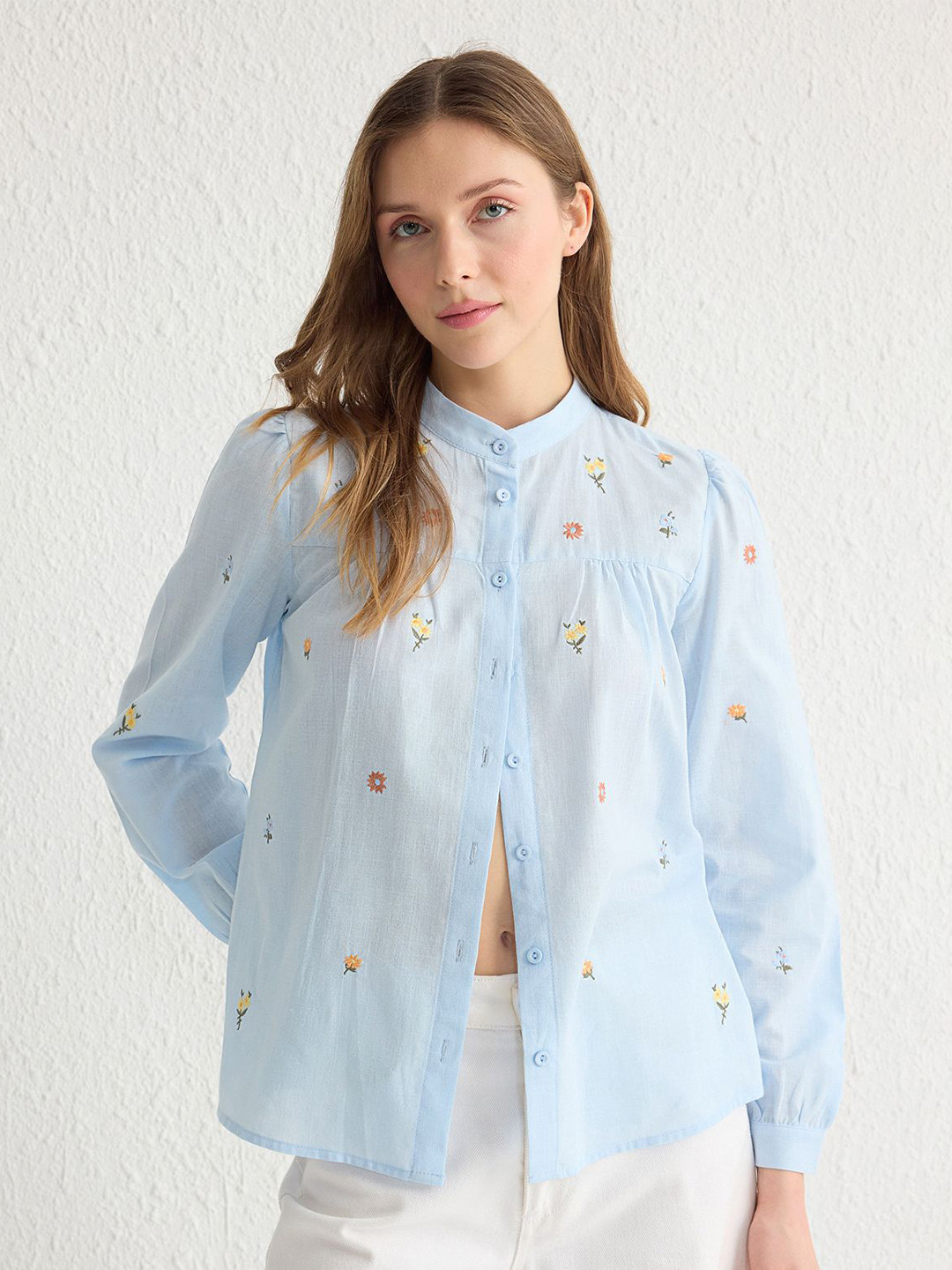 Trendyol Women Floral Printed Band Collar Cotton Casual Shirt