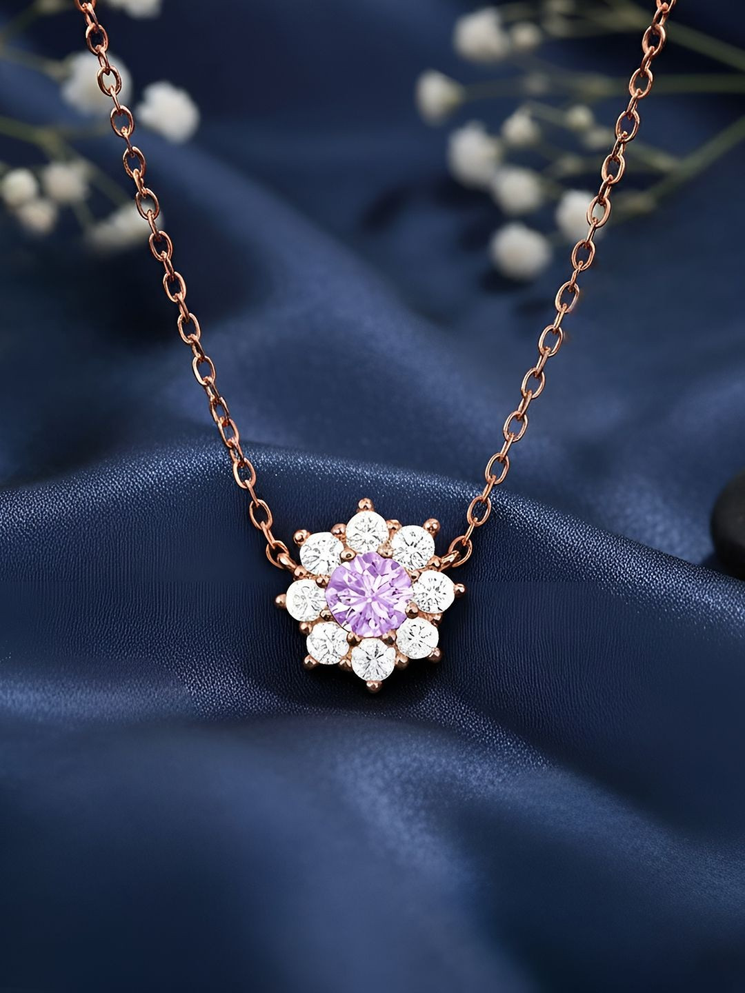 Zavya The Sea Flower Sterling Silver Rose Gold-Plated Cubic Zirconia Studded Necklace