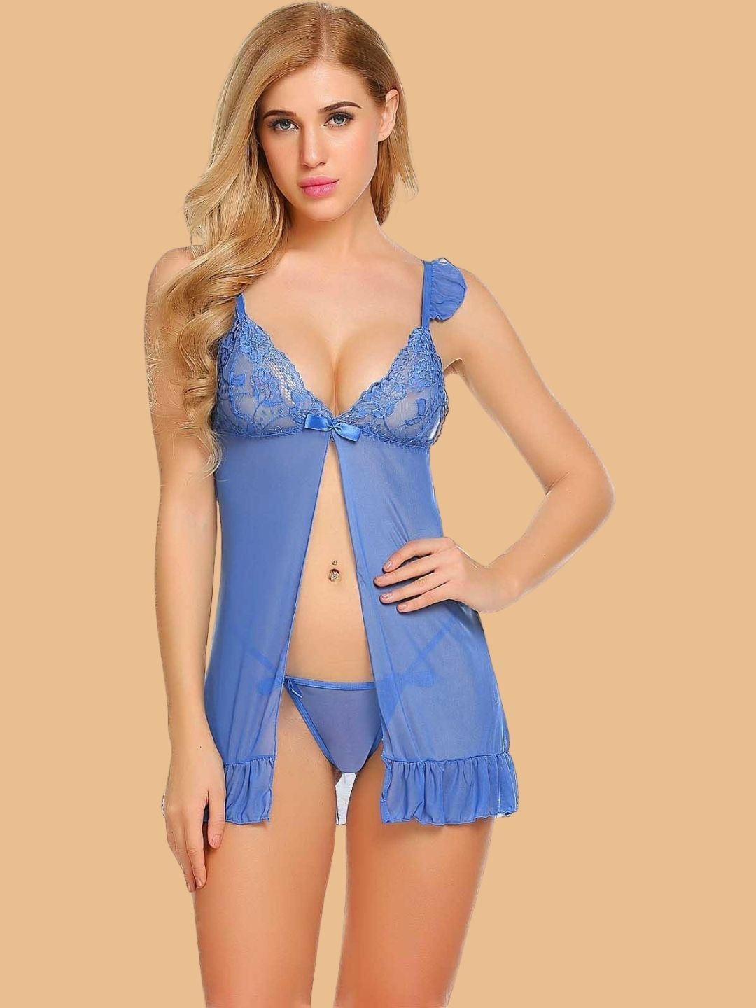 ZERJAMA Ruffle Trim Open Front Shoulder Straps Baby Doll