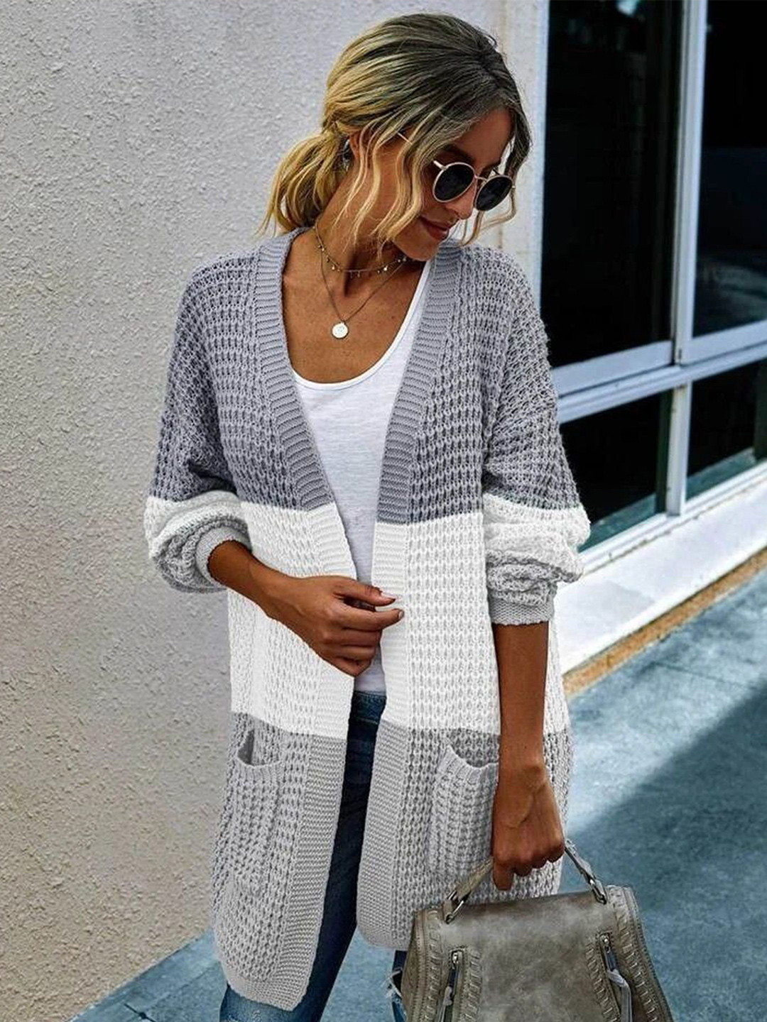 LULU & SKY Colourblocked Shawl Neck Open Front Acrylic Shrug