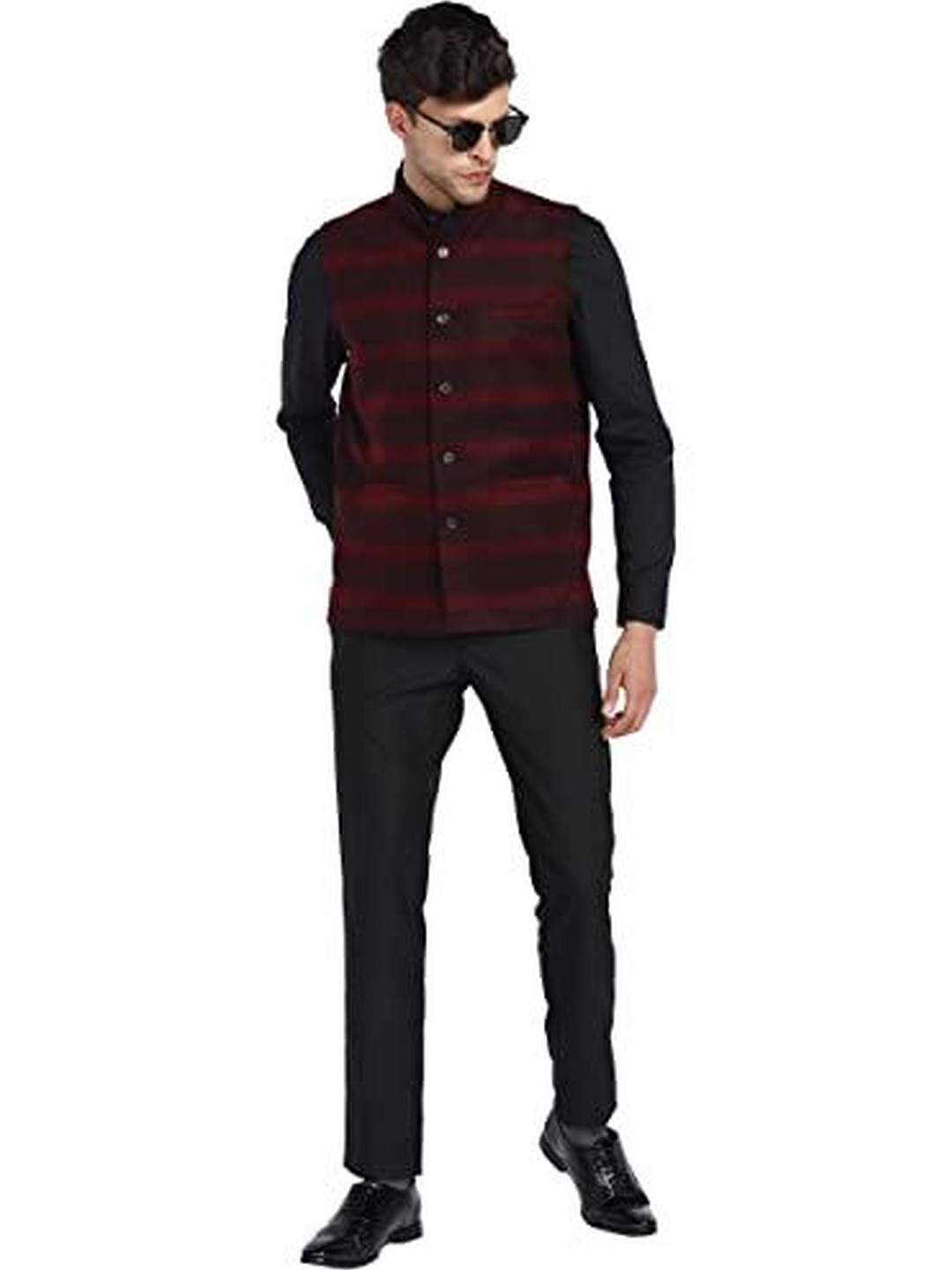 ESSENTIELE Men Stiped Mandarin Collar Nehru Jacket