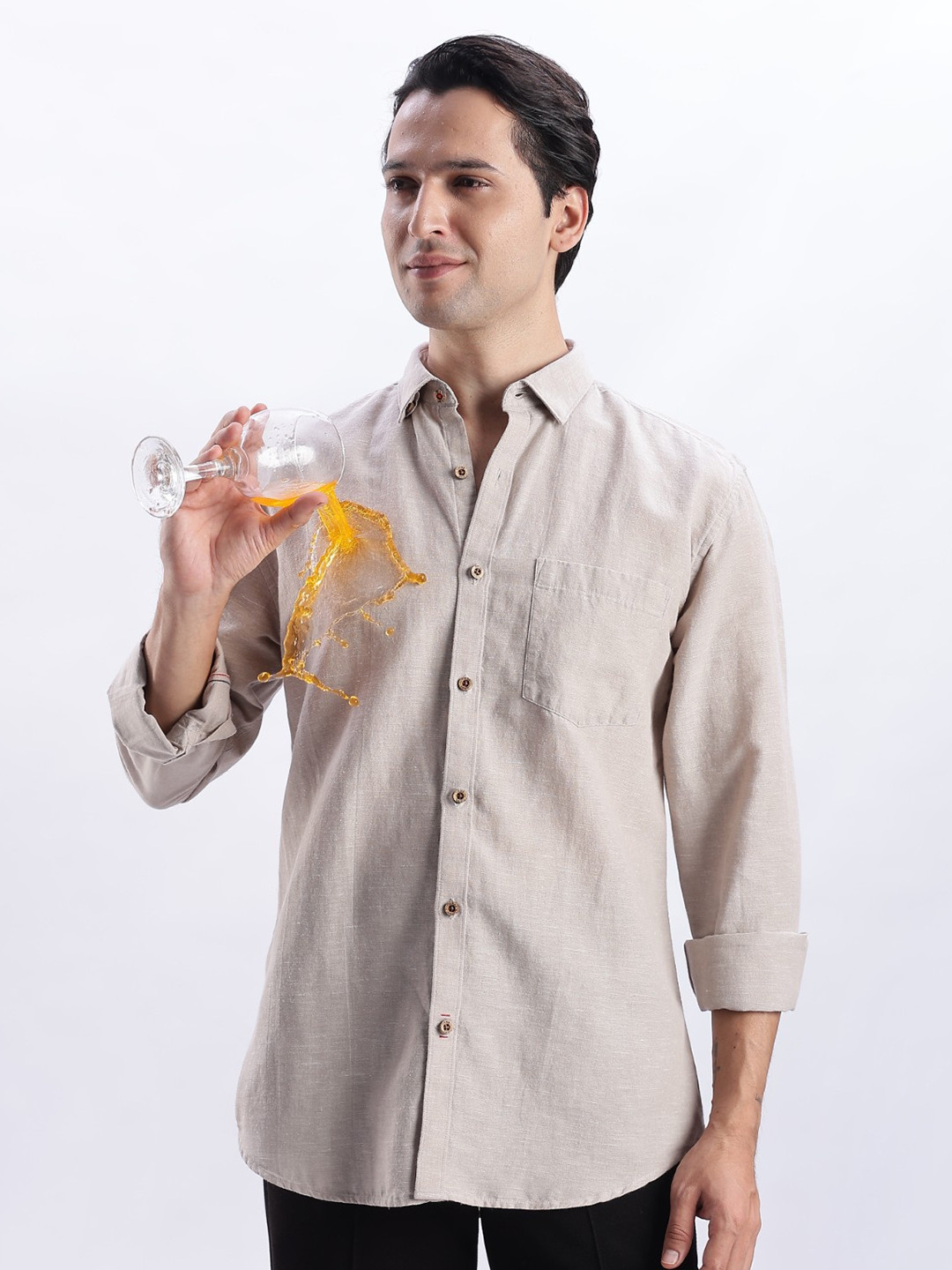 TURMS Men Stain And Water Repellent Anti Odor Button Down Collar Kansas Linen Solid Shirt
