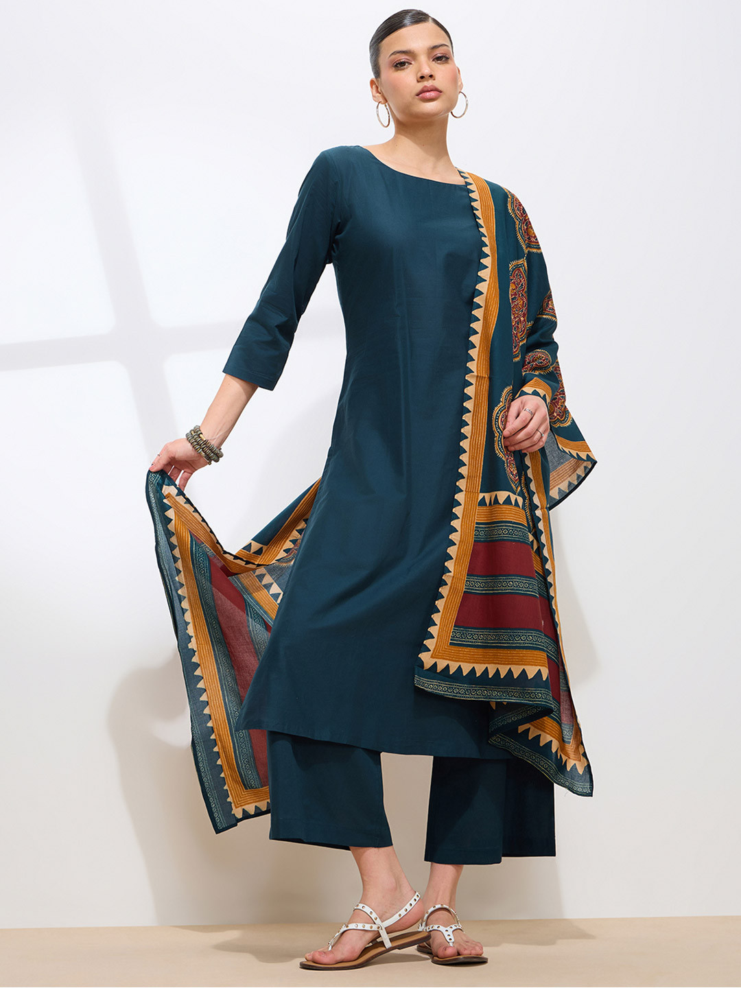 Saanjh Round Neck Pure Cotton Straight Kurta With Palazzos & Dupatta