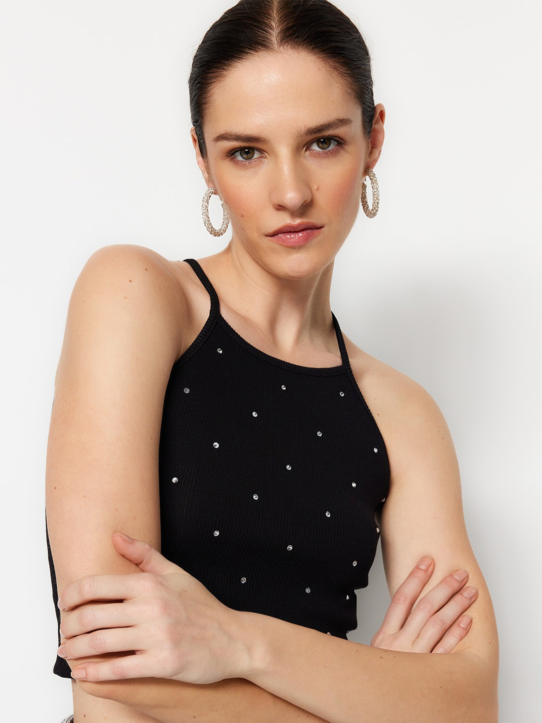 Trendyol Embellished Shoulder Straps Fitted Crop Top