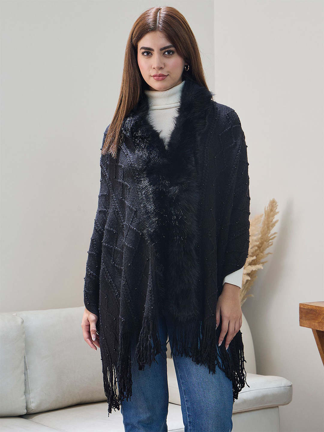 InWeave Women V-Neck Long Sleeves Poncho Sweater with Fringed Detail