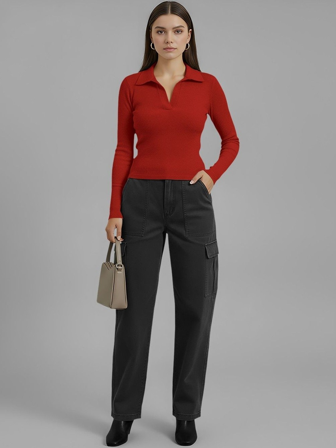 Dream Beauty Fashion Top-152-Apple-Red Women Ribbed Shirt Collar Long Sleeves Fitted Top