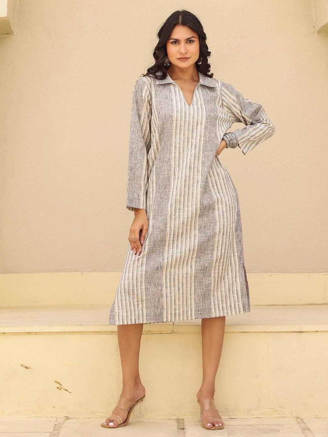 The Kaftan Company Striped Printed Shirt Collar Shift Midi Dress