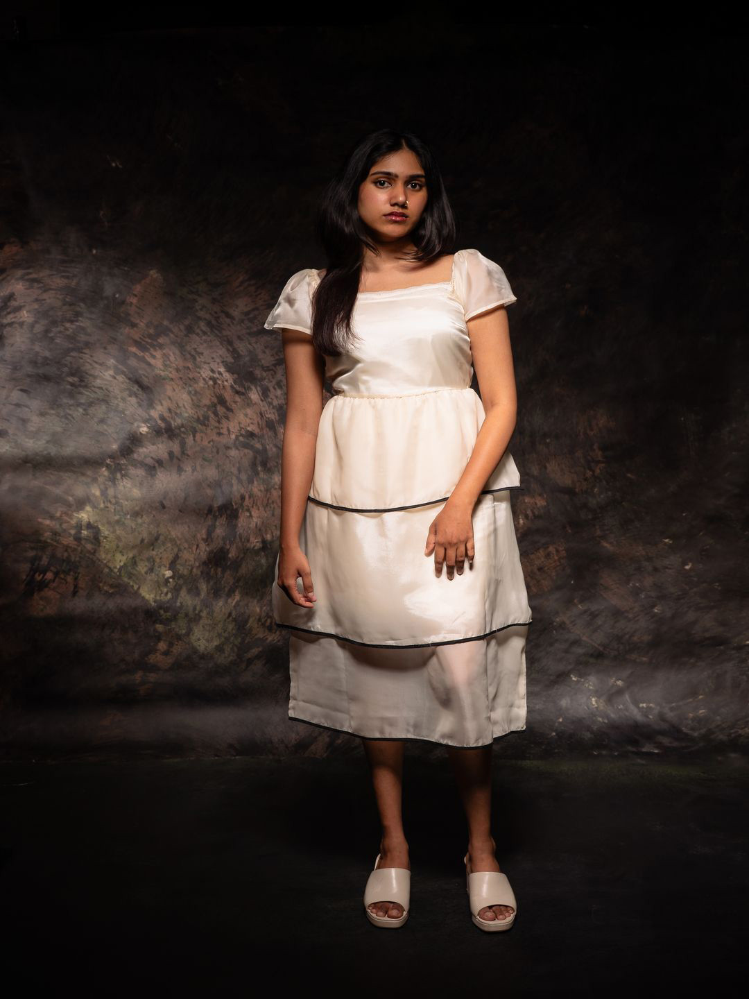 Valere Square Neck Cap Sleeve Ruffled A-Line Midi Dress