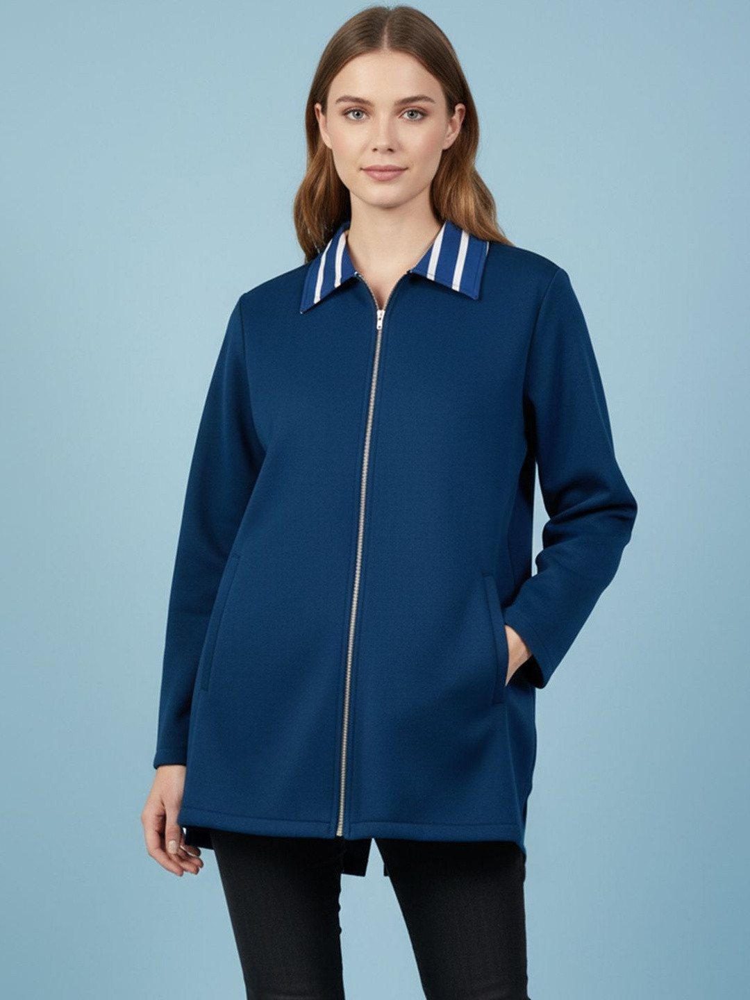 Qurvii Spread Collar Long Sleeves Longline Fleece Tailored Jacket