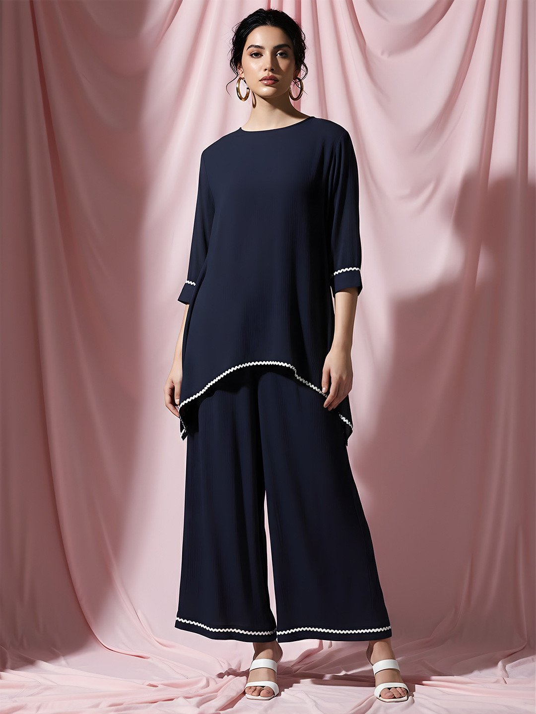Dora Dori Rayon Navy Blue Top with White Lace Accents and Palazzo
