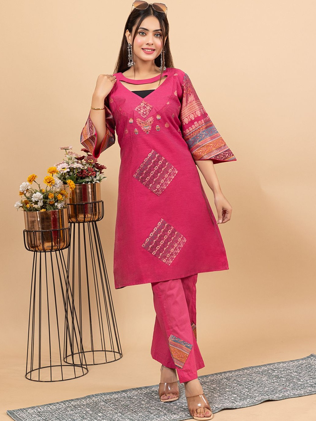 KIDAR Woven Design Round Neck Romantic Florals Tunic & Trousers