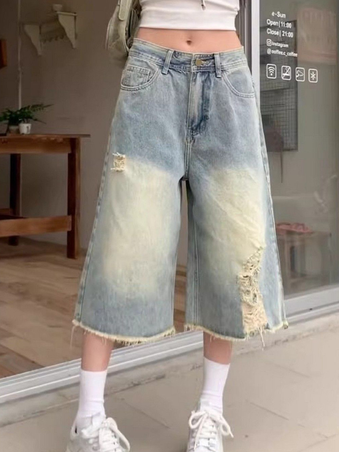 StyleCast Women Heavily Distressed And Ripped Wide-Leg Denim Culottes Jeans