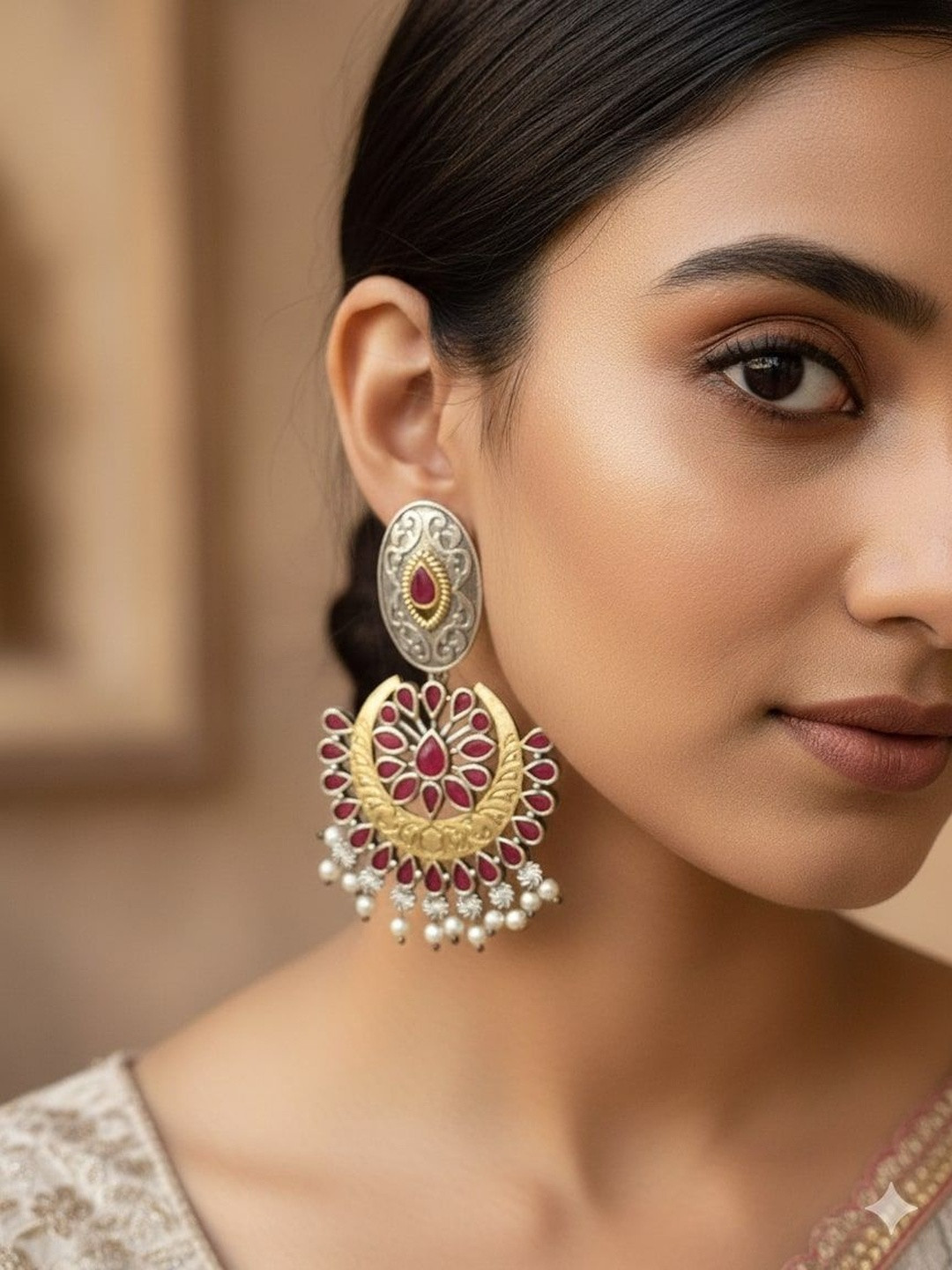 Jeweltos Silver-Plated Dual-Tone Stone Studded Half-Moon Drop Earrings