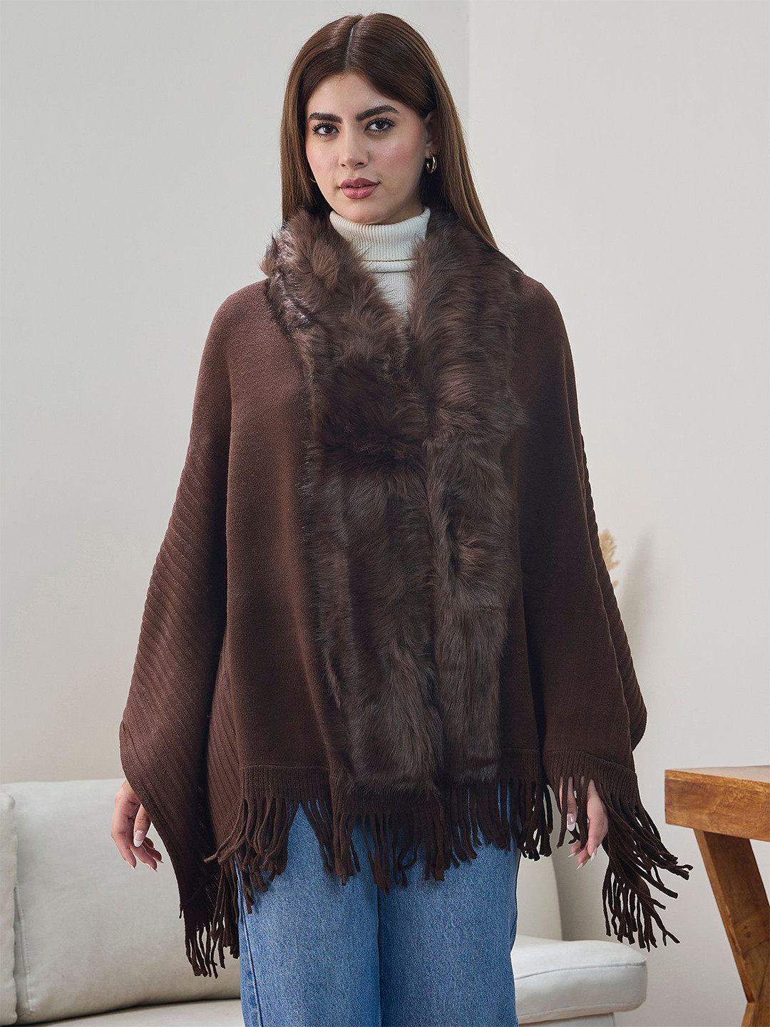 InWeave Women Fuzzy Poncho with Fringed Hem
