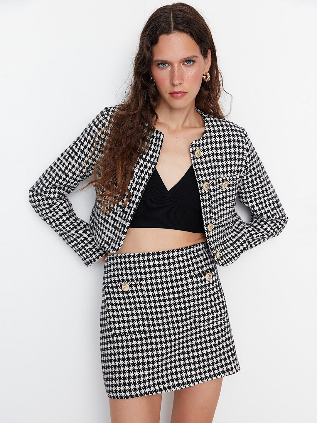 Trendyol Checked Collarless Button Closure Crop Tailored Jacket
