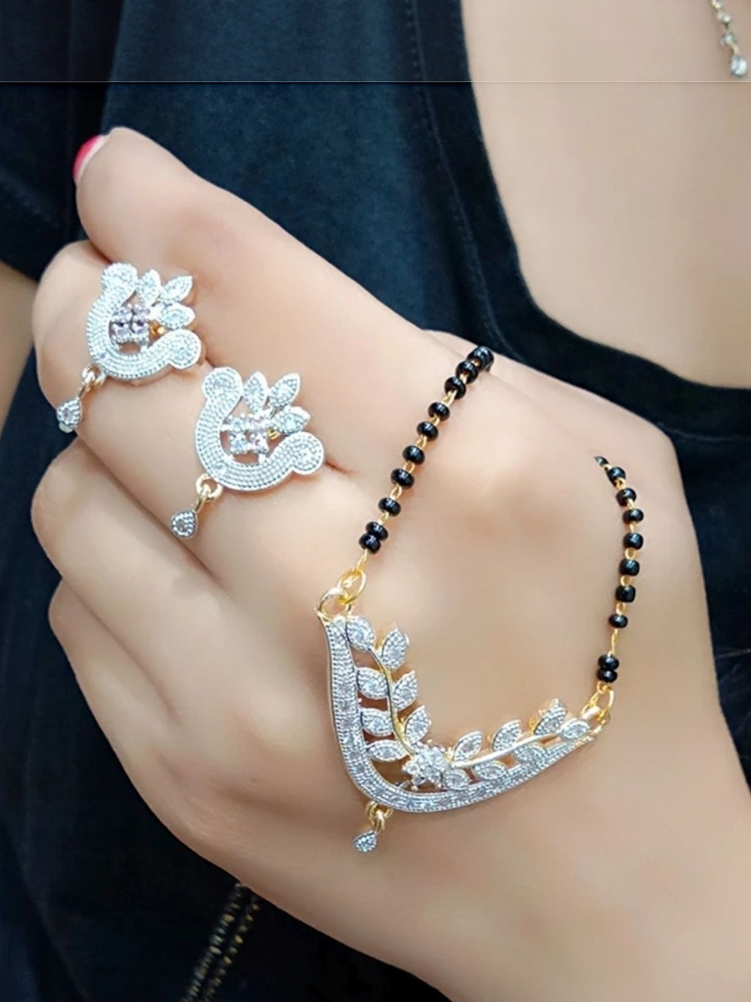 ABSOLUTE Silver-Plated Artificial Stones Studded And Beaded Mangalsutra With Earrings
