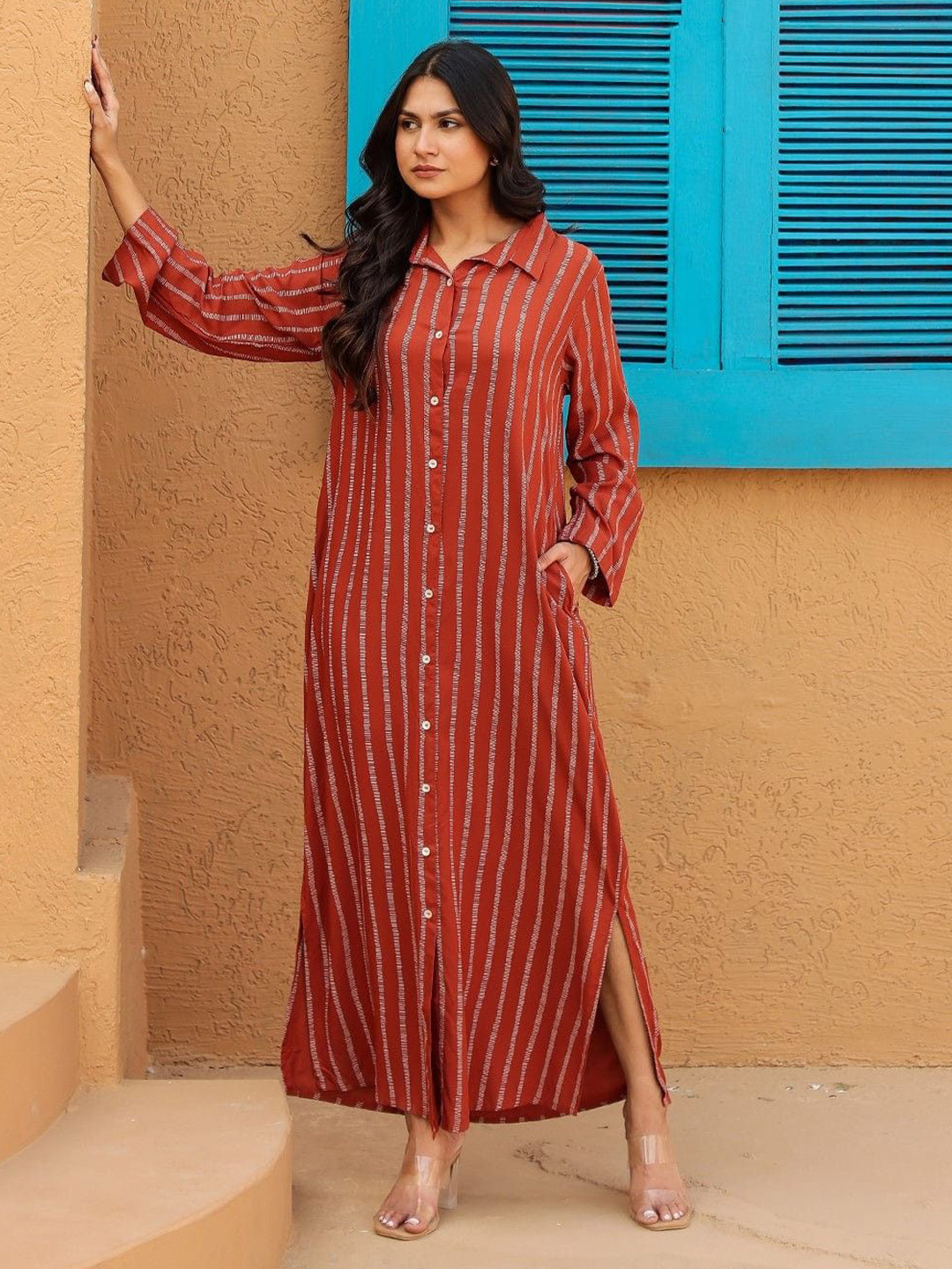 The Kaftan Company Women Striped Shirt Maxi Dress