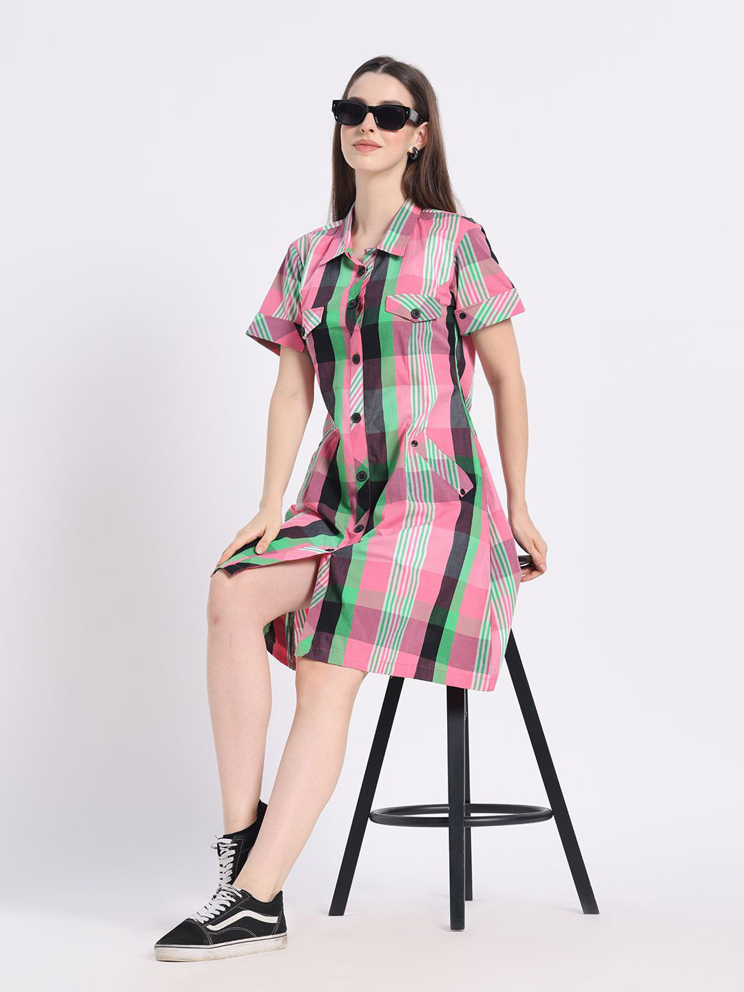 Silselah Women Checked Cotton Short Roll-Up Sleeves Shirt Dress With Pockets
