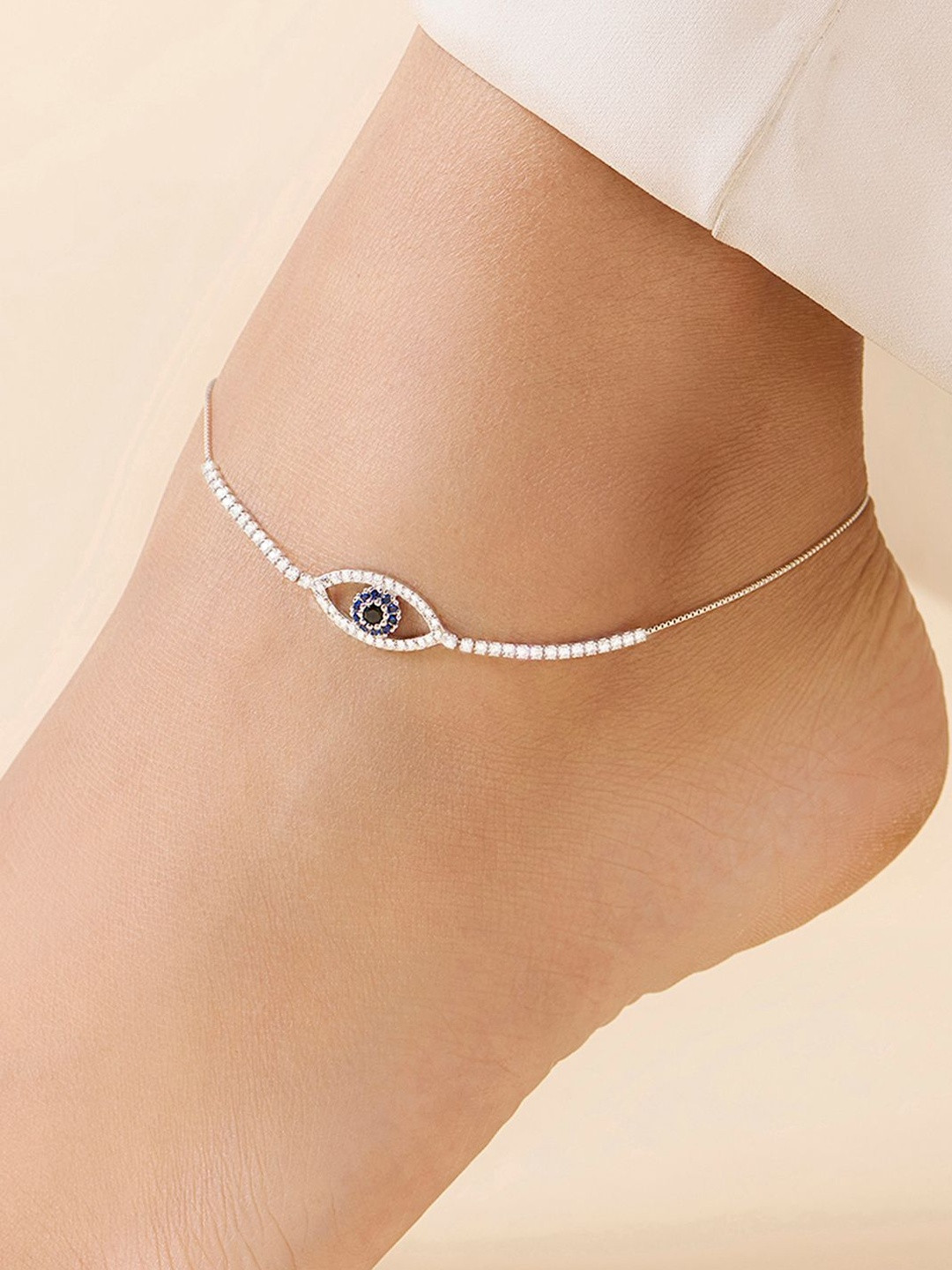 Zavya The Lucky Evil Eye Sterling Silver Rhodium-Plated Artificial Stones Studded Anklet