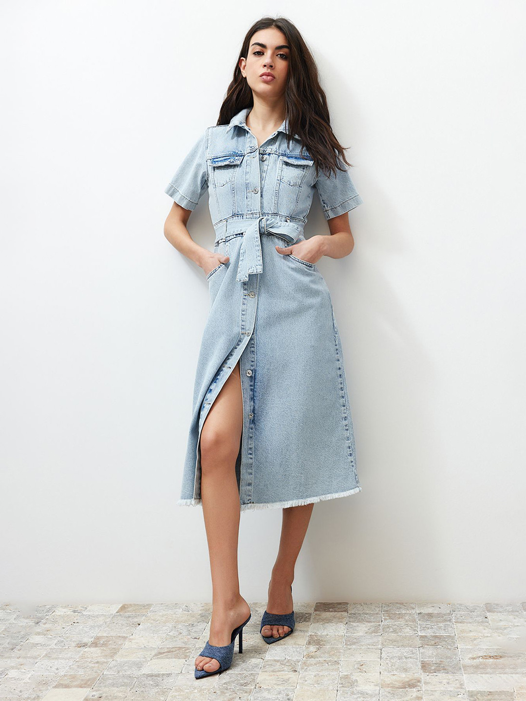Trendyol Shirt Collar Cotton Midi Shirt Dress