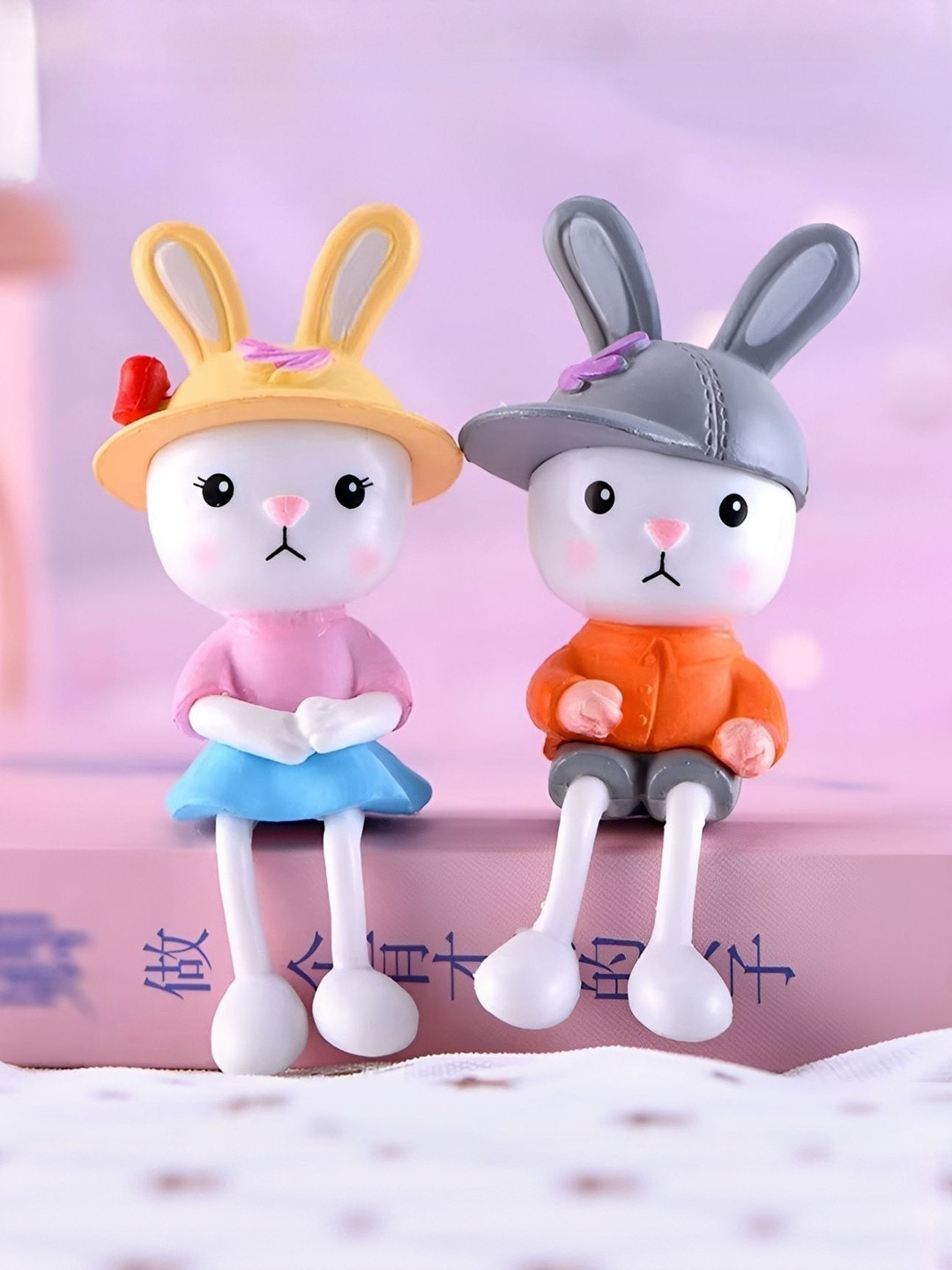 Ascension Yellow & Grey Cute Bunny Couple Figurine 2 Pieces Showpieces-2.75 Inch